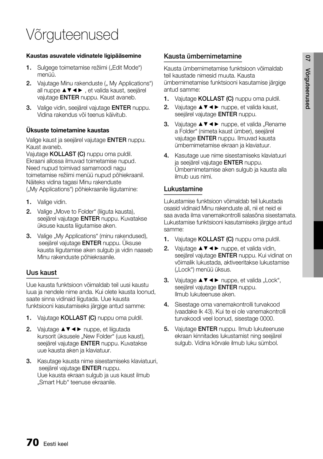 Samsung BD-E6300/EN manual Uus kaust, Kausta ümbernimetamine, Lukustamine, Üksuste toimetamine kaustas 