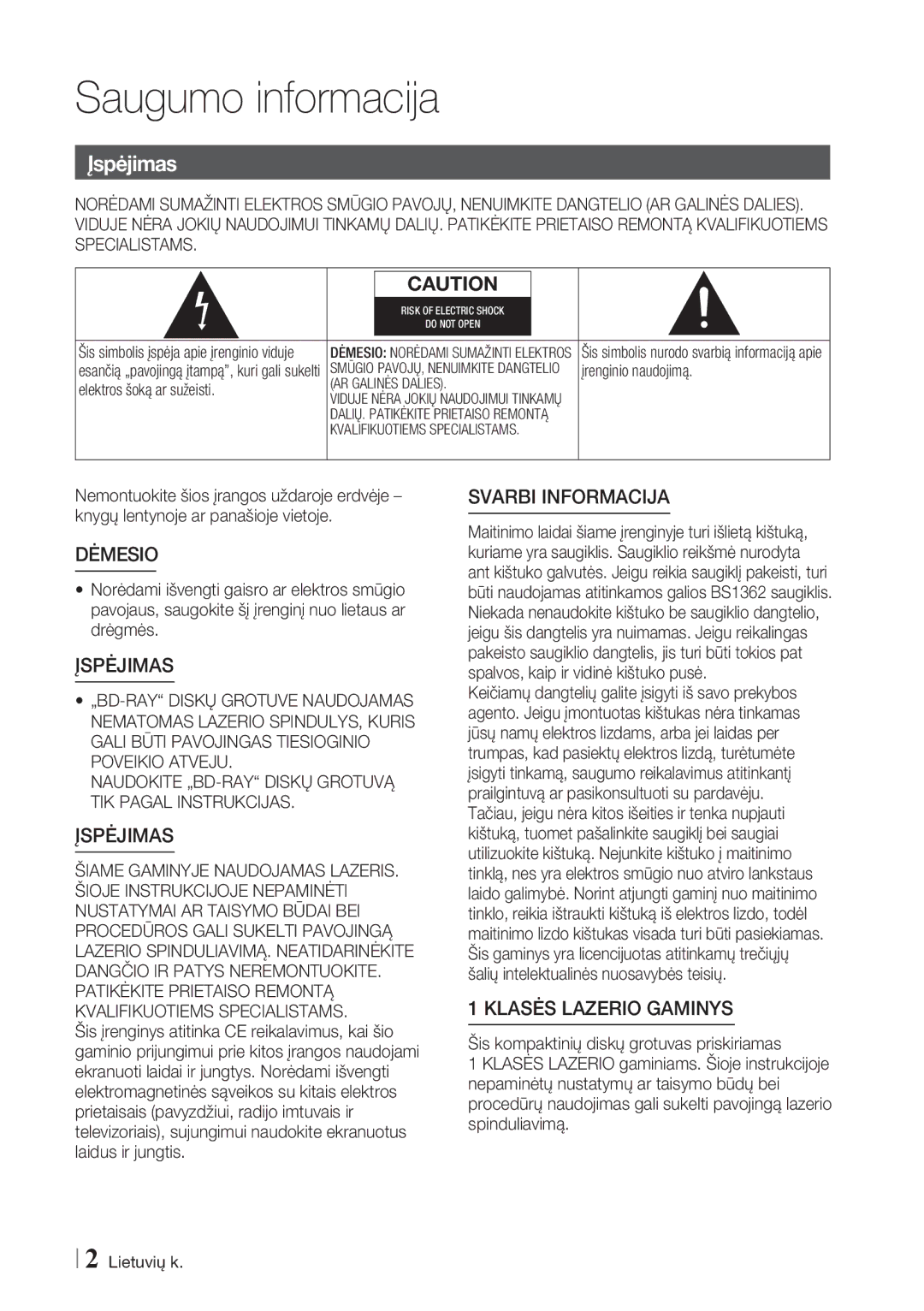 Samsung BD-E6300/EN manual Saugumo informacija, Naudokite „BD-RAY Diskų Grotuvą TIK Pagal Instrukcijas, Įrenginio naudojimą 