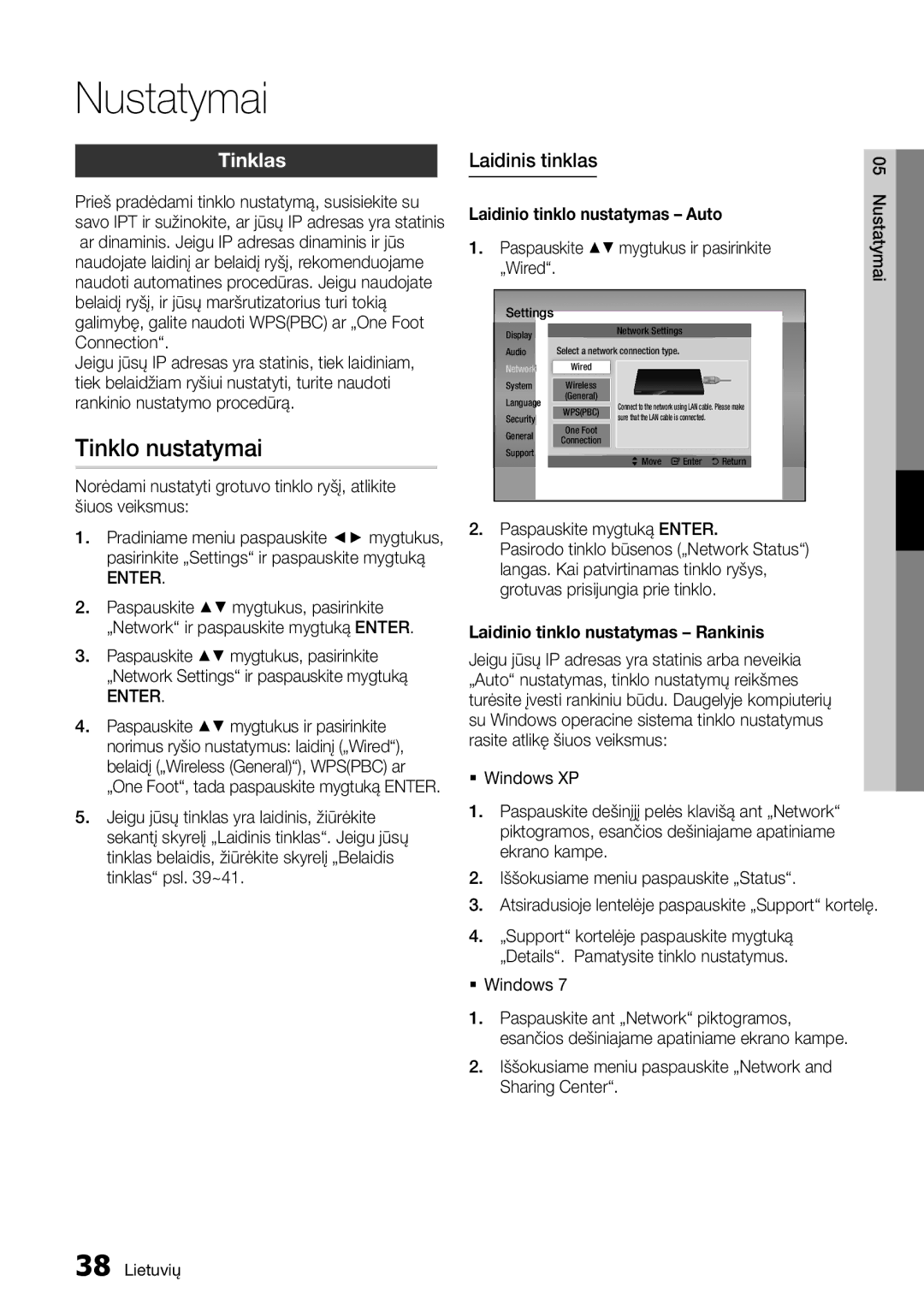 Samsung BD-E6300/EN manual Tinklo nustatymai, Tinklas, Laidinis tinklas, Laidinio tinklo nustatymas Auto 