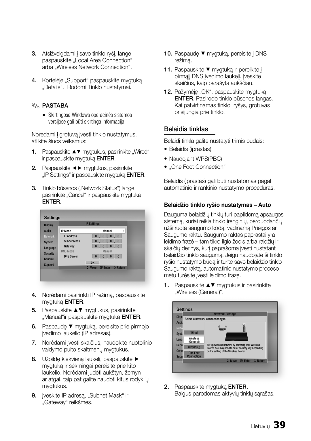 Samsung BD-E6300/EN manual Belaidis tinklas, Norėdami pasirinkti IP režimą, paspauskite mygtuką Enter 