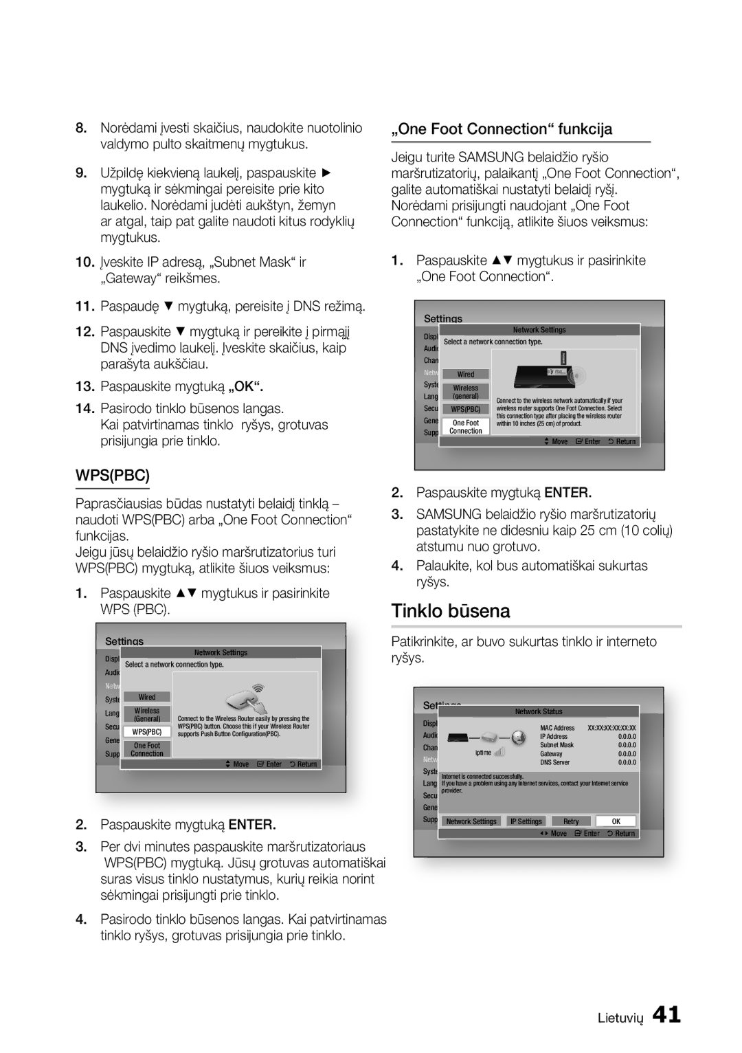 Samsung BD-E6300/EN manual Tinklo būsena, „One Foot Connection funkcija, Paspauskite mygtuką Enter 