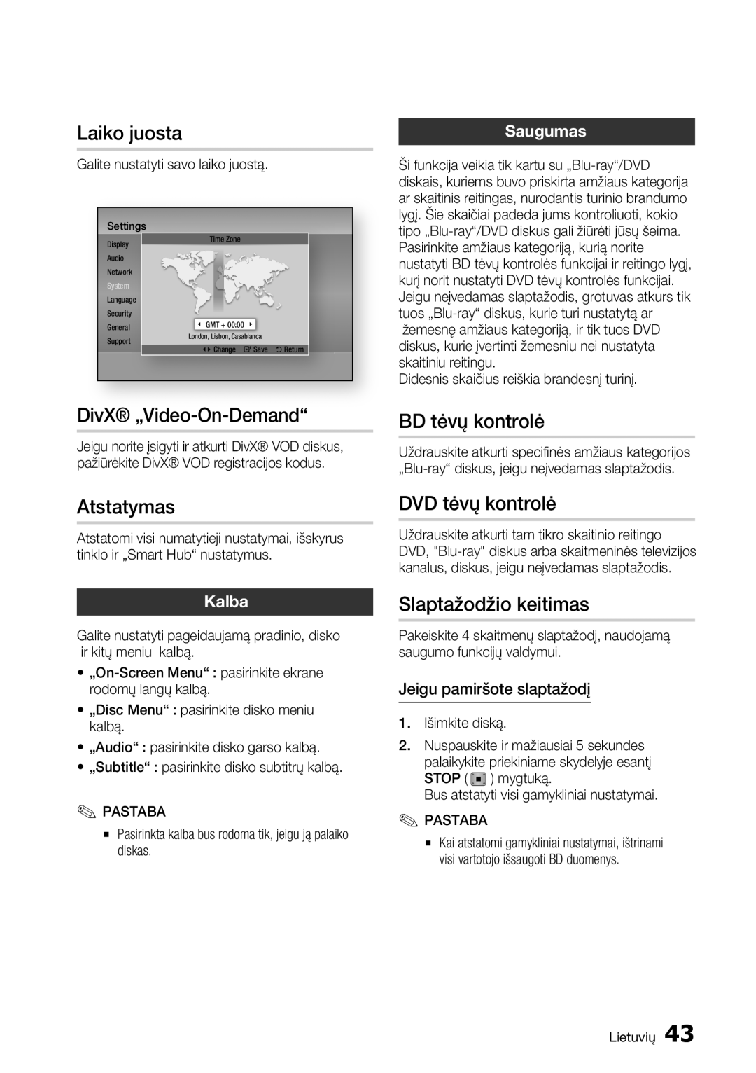 Samsung BD-E6300/EN manual Laiko juosta, DivX „Video-On-Demand, Atstatymas, BD tėvų kontrolė, DVD tėvų kontrolė 