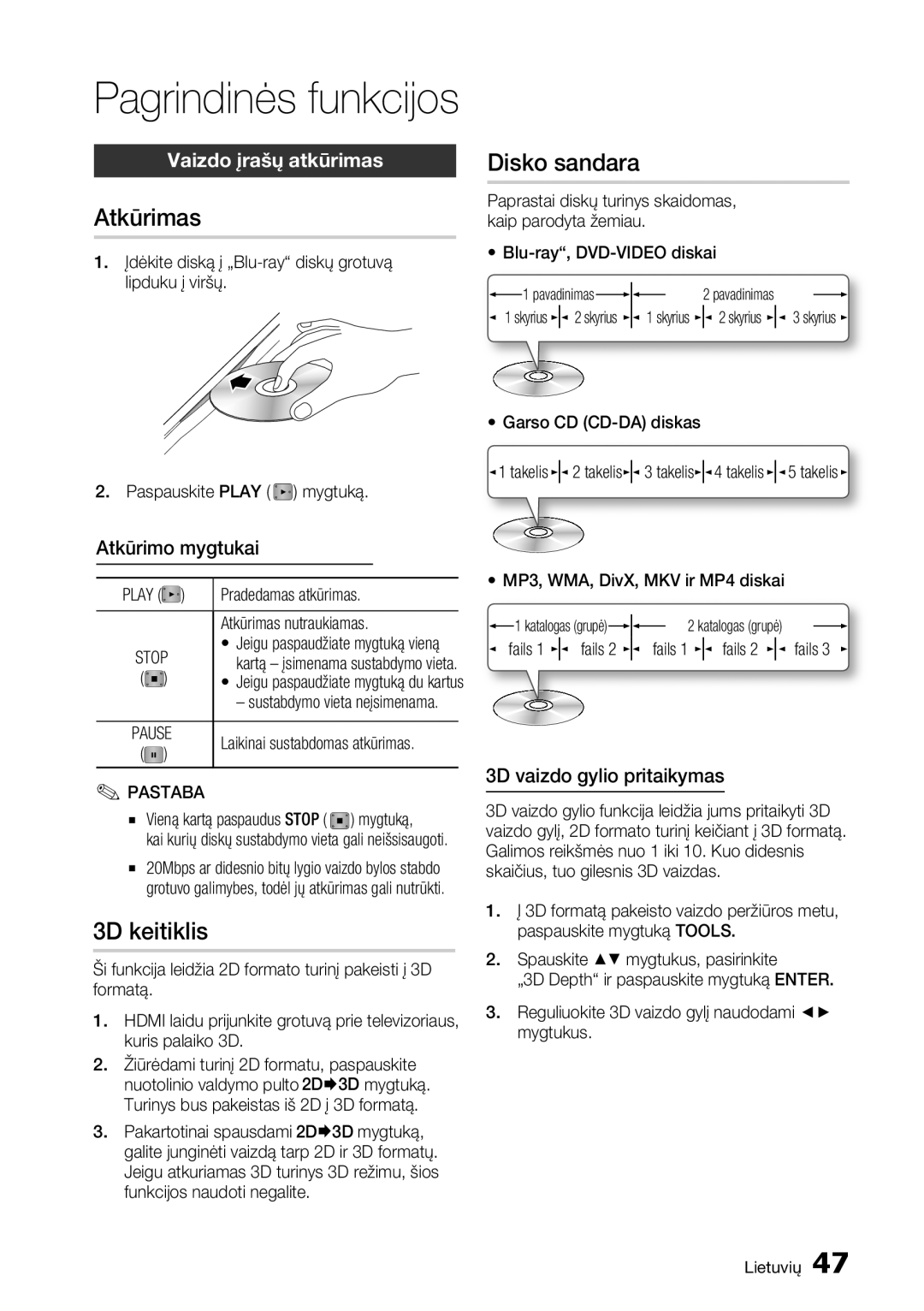 Samsung BD-E6300/EN manual Atkūrimas, 3D keitiklis, Disko sandara, Vaizdo įrašų atkūrimas 