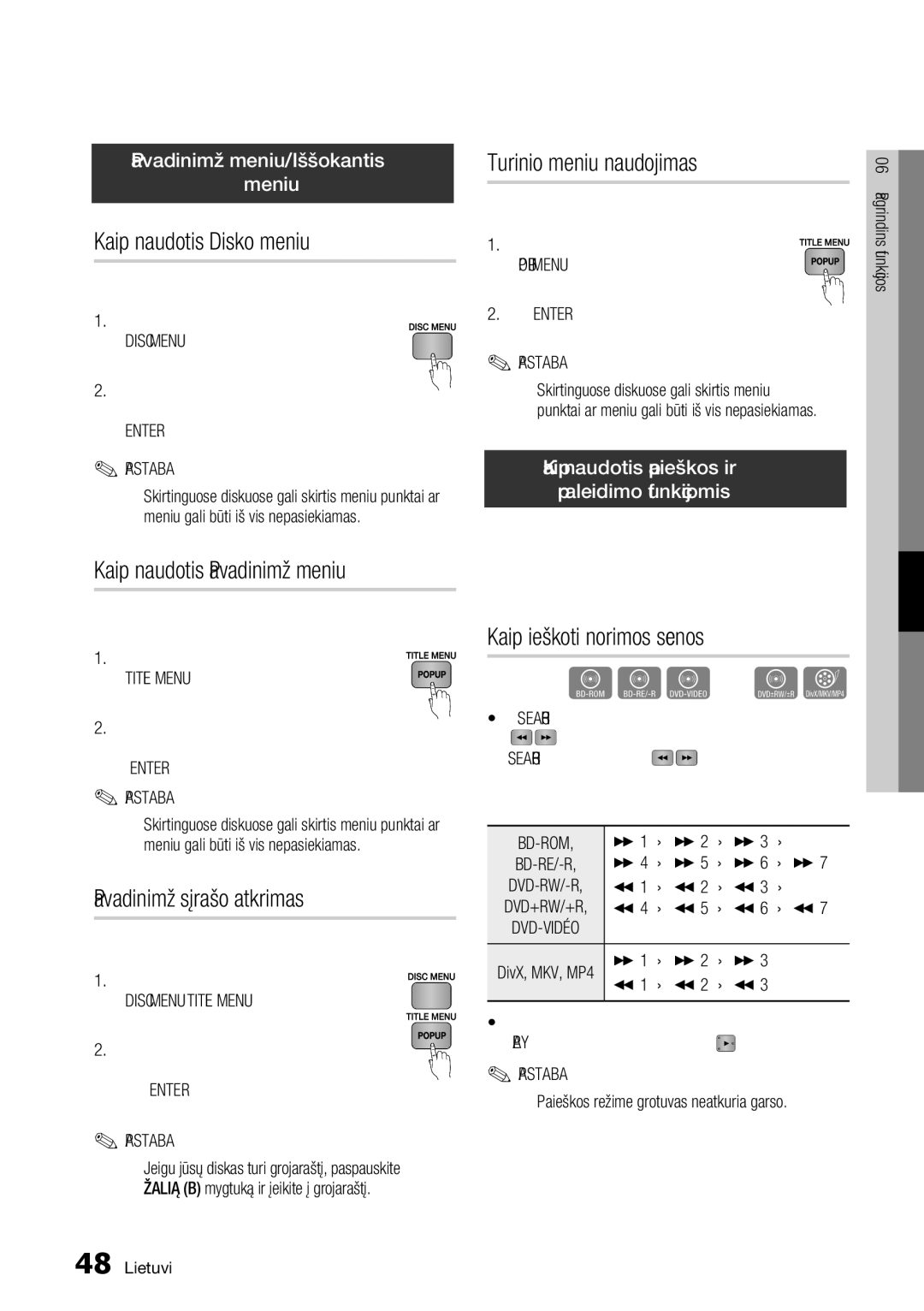 Samsung BD-E6300/EN manual Kaip naudotis Disko meniu, Kaip naudotis Pavadinimų meniu, Pavadinimų sąrašo atkūrimas 