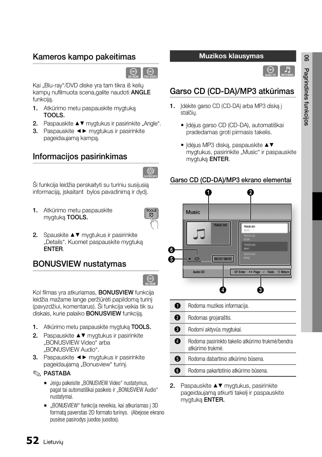 Samsung BD-E6300/EN manual Informacijos pasirinkimas, Bonusview nustatymas, Garso CD CD-DA/MP3 atkūrimas, Muzikos klausymas 