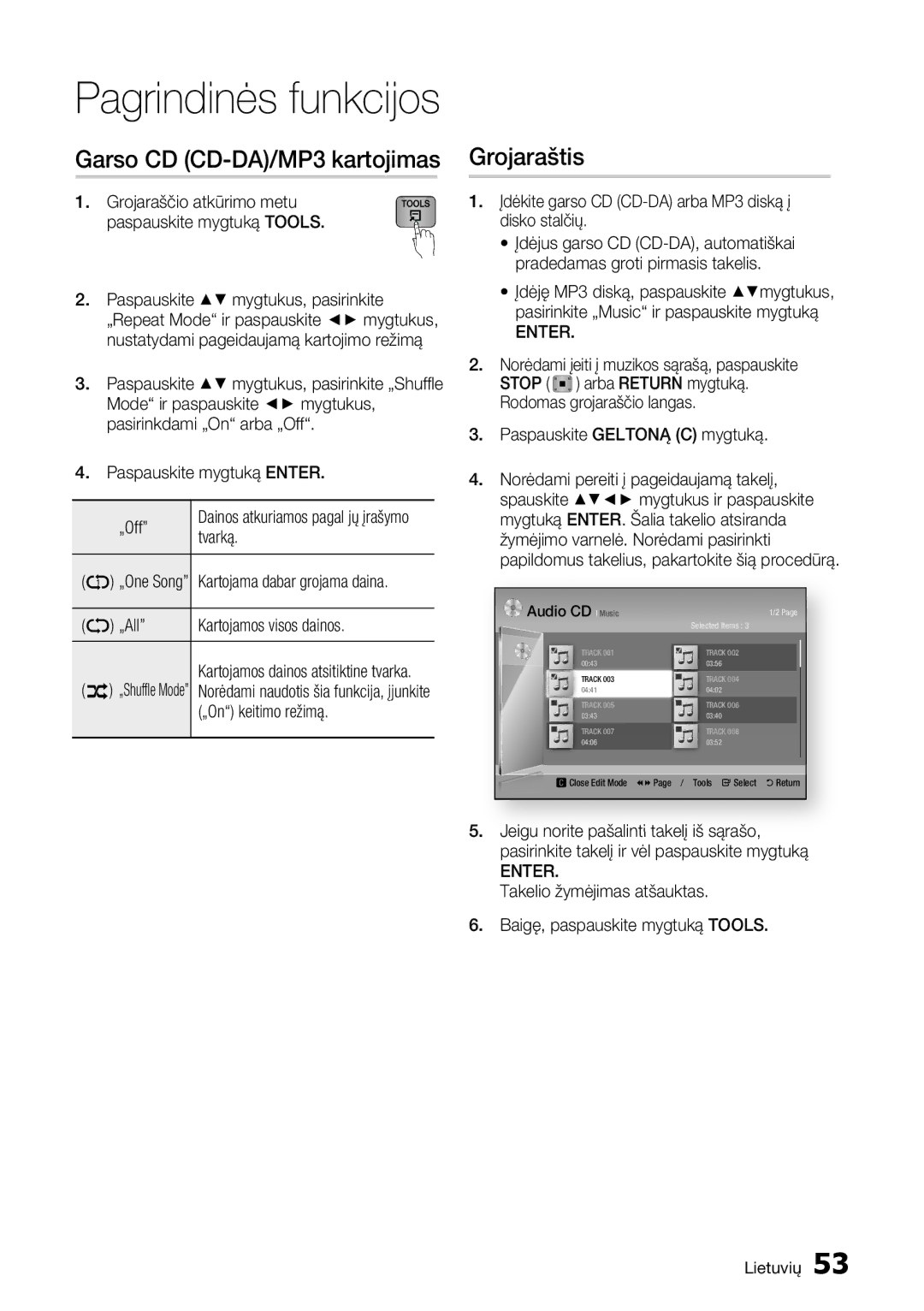 Samsung BD-E6300/EN manual Garso CD CD-DA/MP3 kartojimas, Grojaraštis 