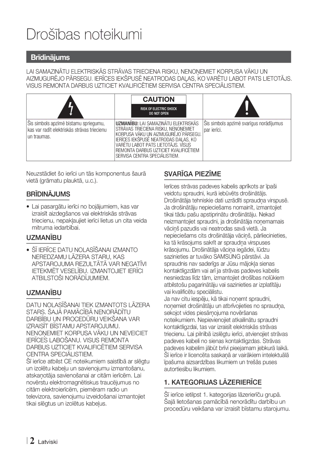 Samsung BD-E6300/EN manual Drošības noteikumi, Par ierīci, Un traumas, Latviski 