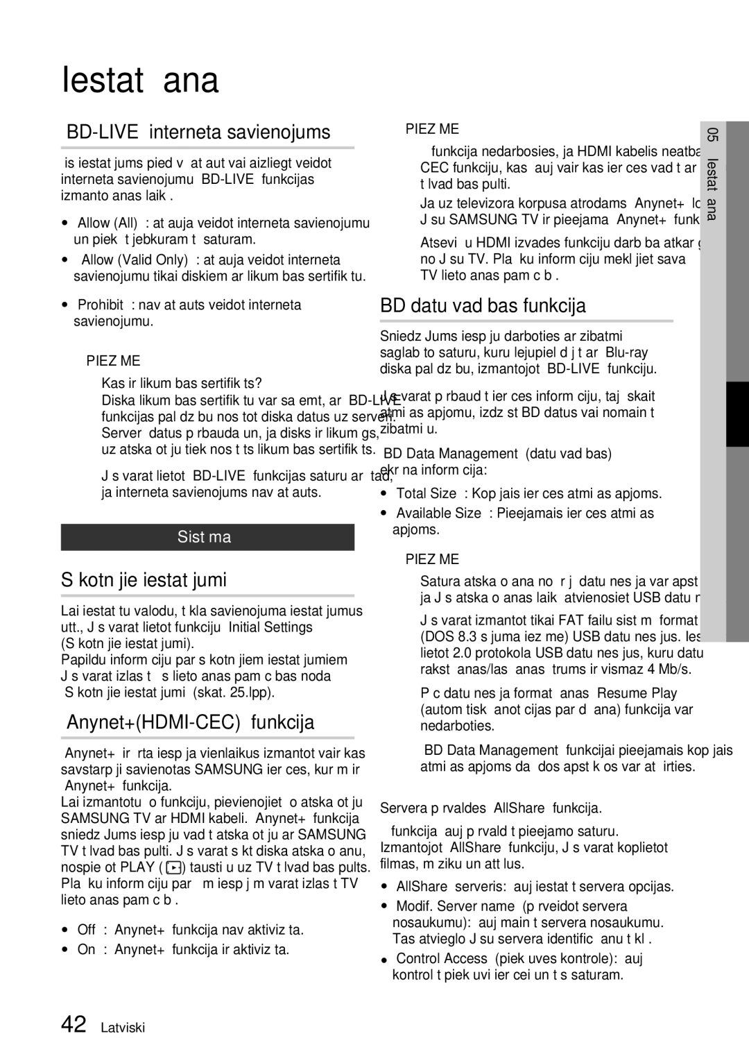 Samsung BD-E6300/EN manual „BD-LIVE interneta savienojums, Sākotnējie iestatījumi, „Anynet+HDMI-CEC funkcija, Sistēma 