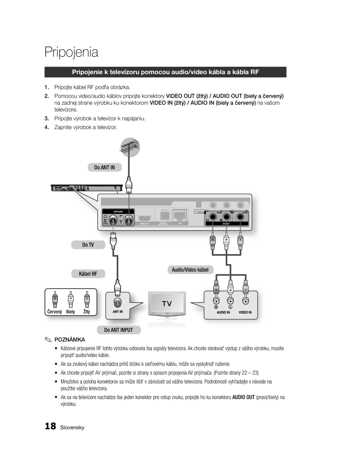 Samsung BD-E6300/EN manual Pripojenia, Pripojenie k televízoru pomocou audio/video kábla a kábla RF 