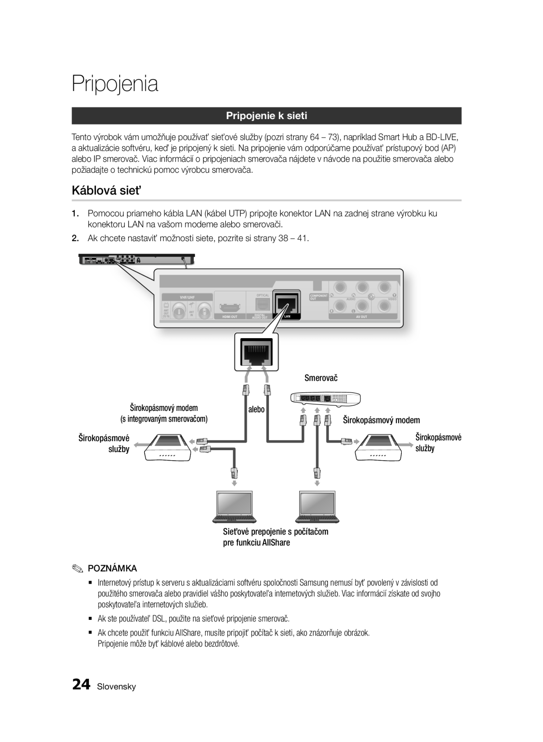 Samsung BD-E6300/EN manual Káblová sieť, Pripojenie k sieti, Pripojenia 