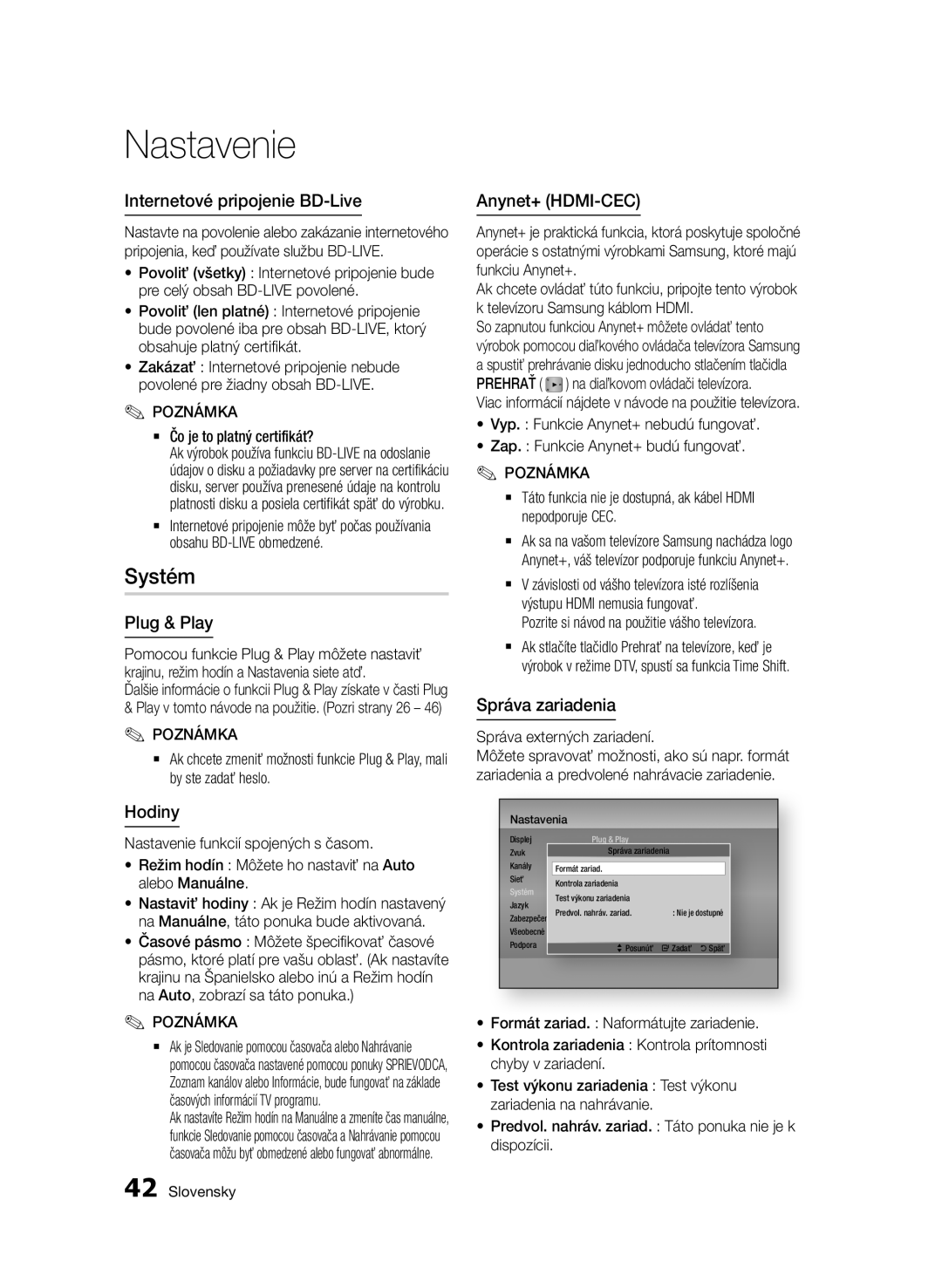 Samsung BD-E6300/EN Internetové pripojenie BD-Live, Anynet+ HDMI-CEC, Správa zariadenia, Nastavenie, Systém, Plug & Play 