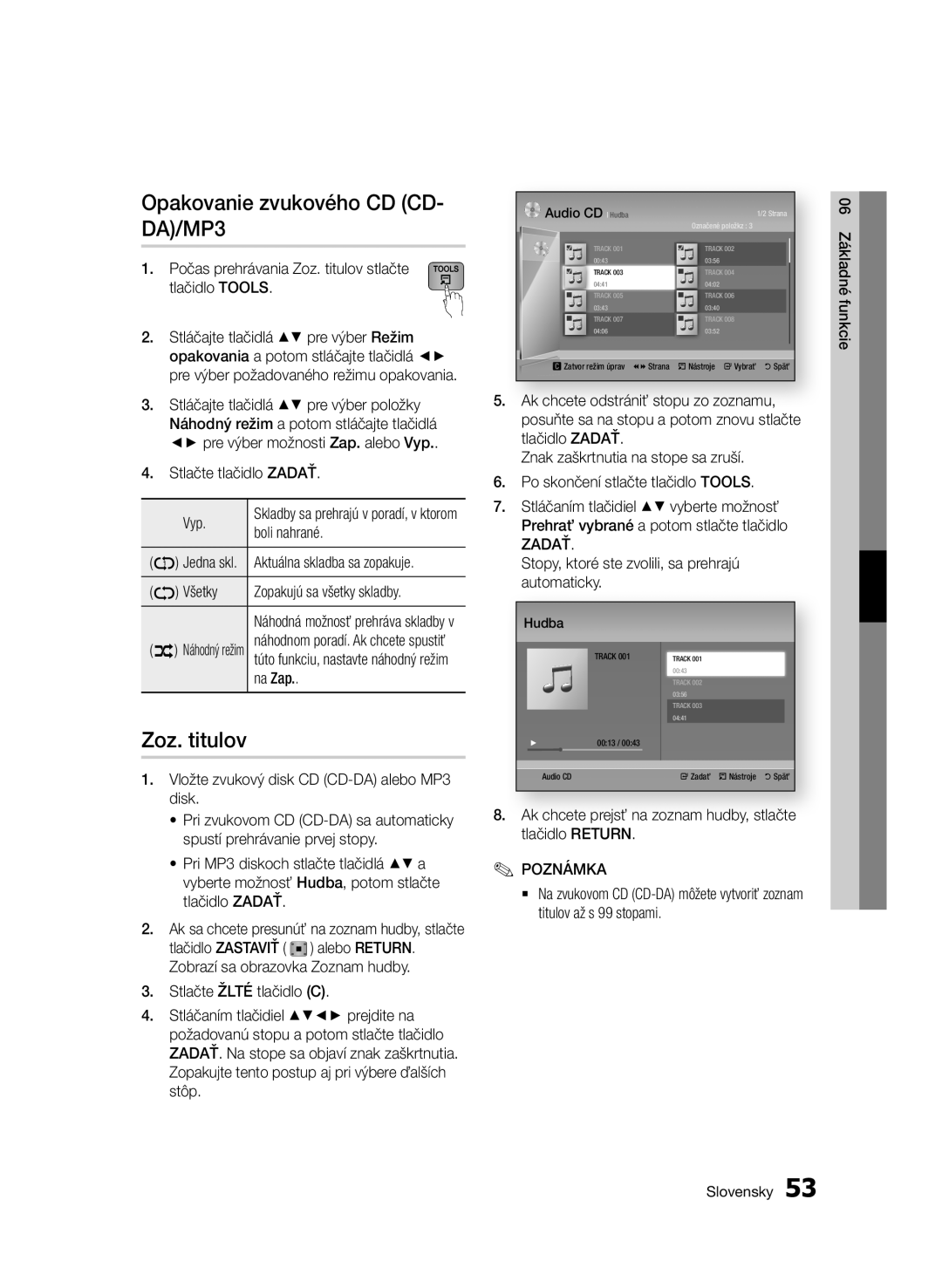 Samsung BD-E6300/EN manual Opakovanie zvukového CD CD- DA/MP3, Zoz. titulov, Skladby sa prehrajú v poradí, v ktorom 