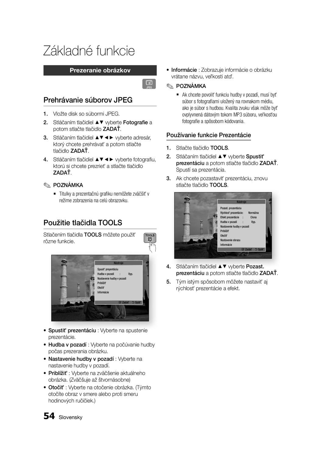 Samsung BD-E6300/EN Prehrávanie súborov JPEG, Použitie tlačidla TOOLS, Prezeranie obrázkov, Používanie funkcie Prezentácie 