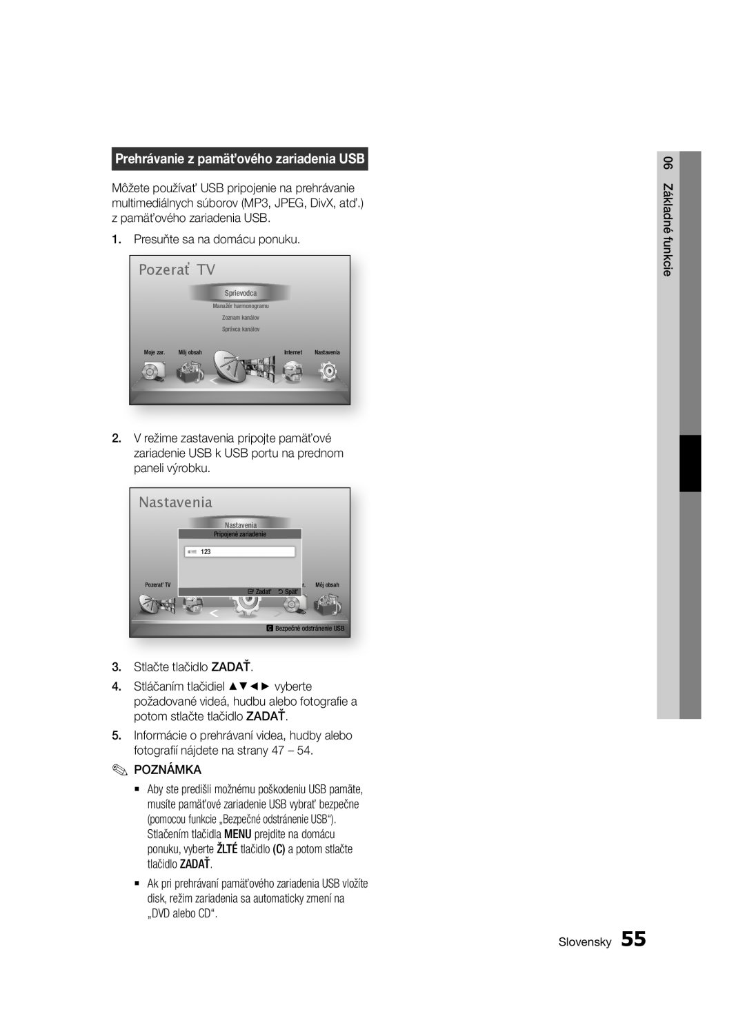 Samsung BD-E6300/EN manual Pozerať TV, Prehrávanie z pamäťového zariadenia USB, Nastavenia, 06 Základné funkcie, Slovensky 