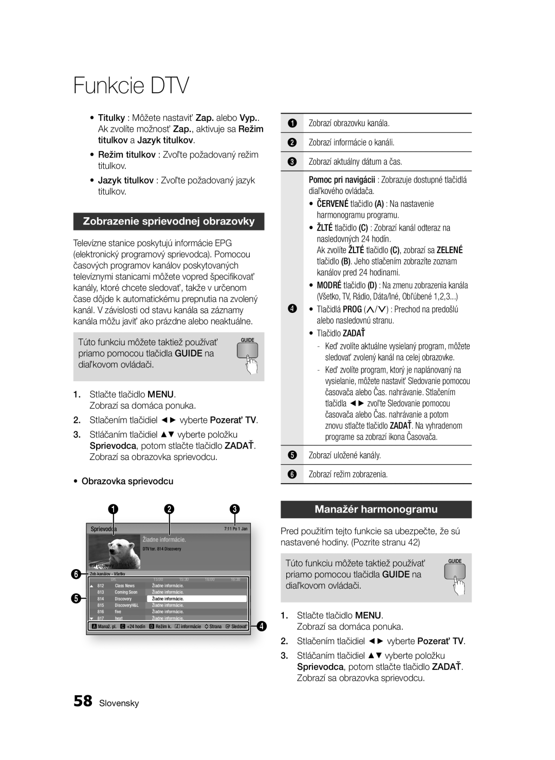 Samsung BD-E6300/EN manual Zobrazenie sprievodnej obrazovky, Manažér harmonogramu, Funkcie DTV, Slovensky 
