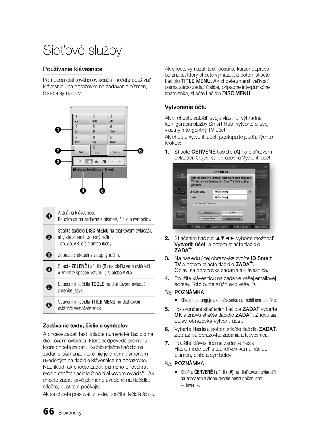 Samsung BD-E6300/EN Používanie klávesnice, Vytvorenie účtu, Zadávanie textu, číslic a symbolov, Sieťové služby, Slovensky 