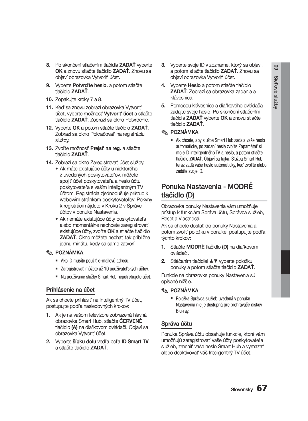 Samsung BD-E6300/EN manual Ponuka Nastavenia - MODRÉ tlačidlo D, Prihlásenie na účet, Správa účtu 