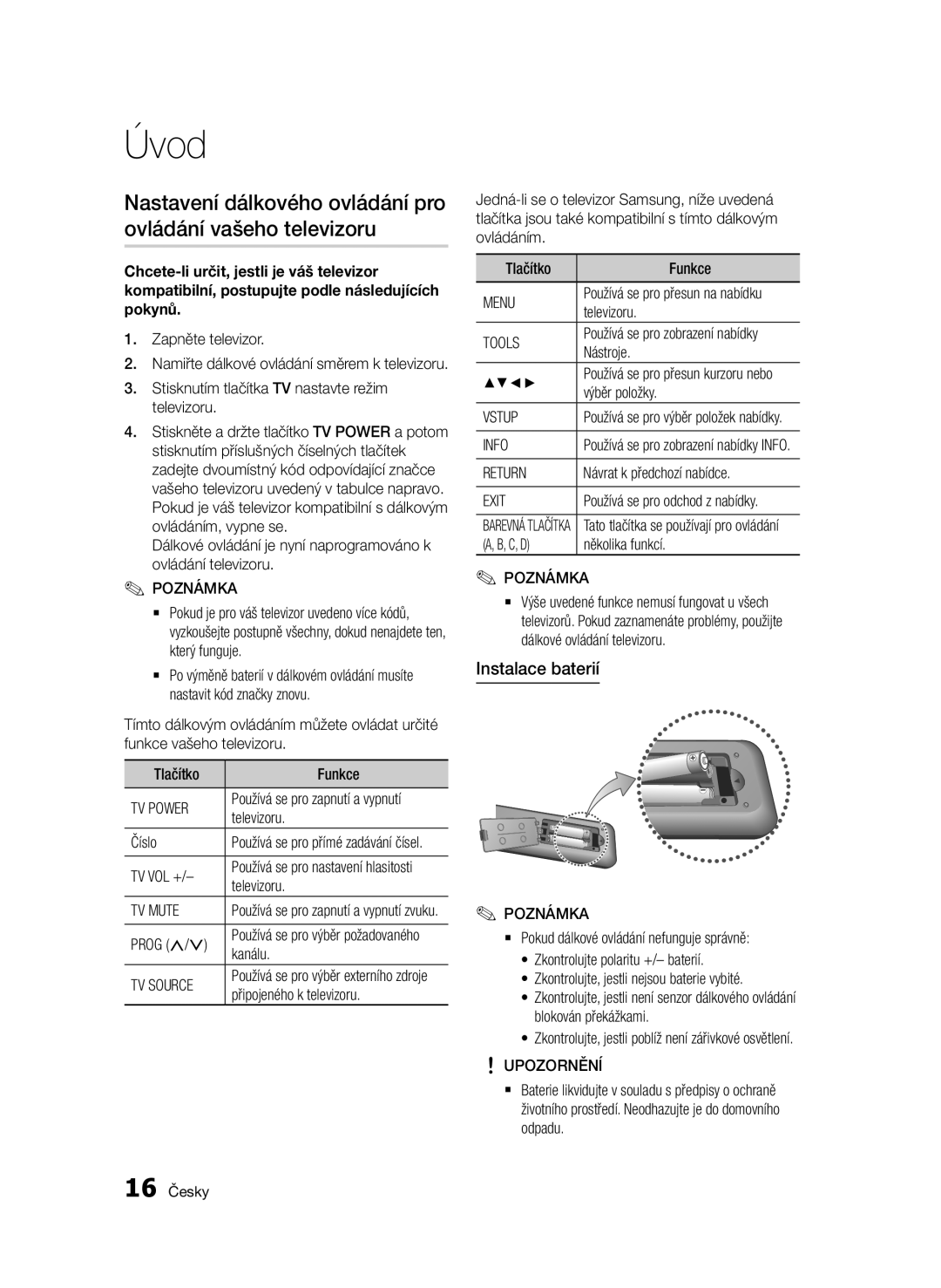 Samsung BD-E6300/EN manual Nastavení dálkového ovládání pro ovládání vašeho televizoru, Instalace baterií, Úvod 