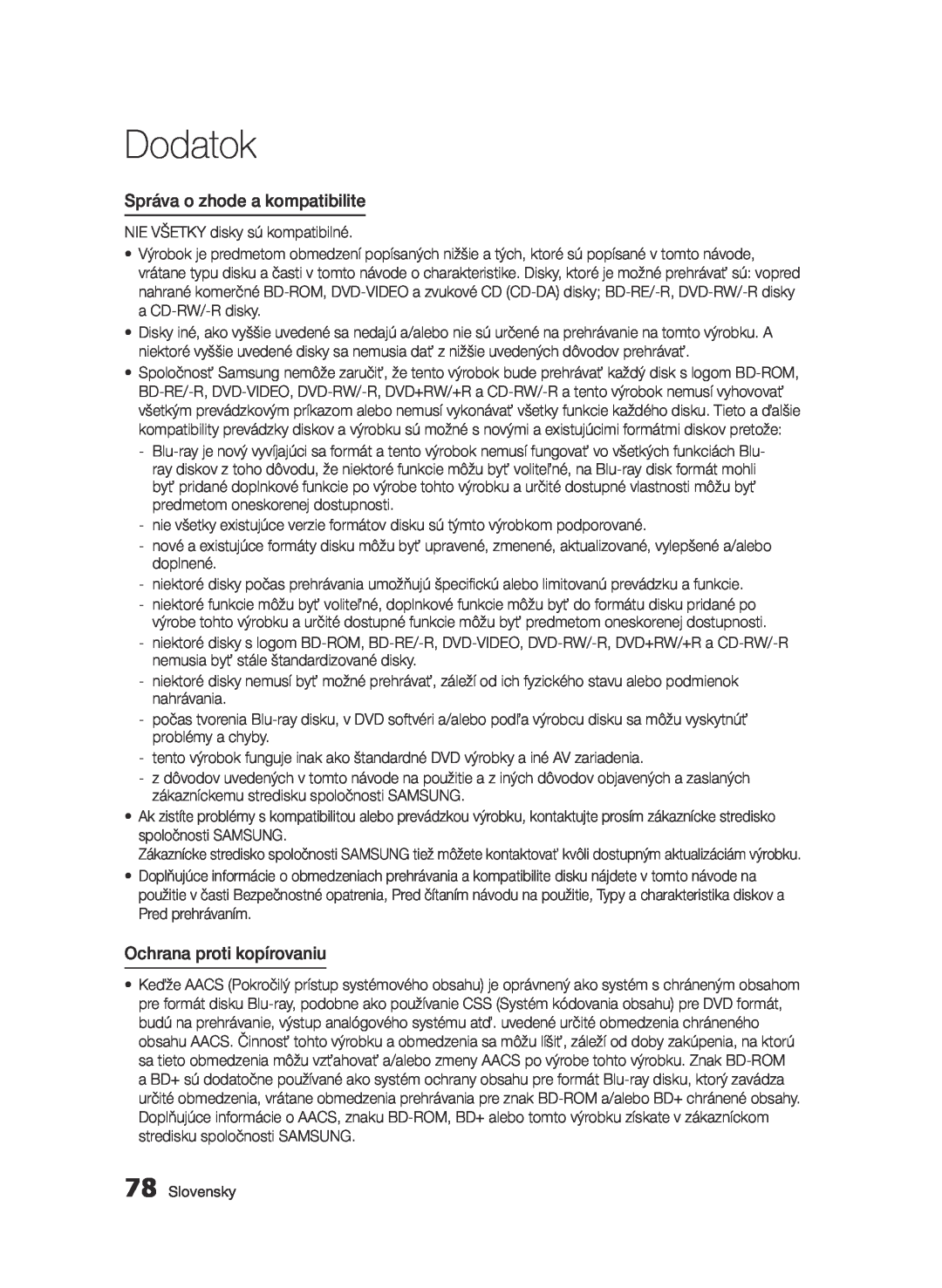 Samsung BD-E6300/EN manual Správa o zhode a kompatibilite, Ochrana proti kopírovaniu, Dodatok 