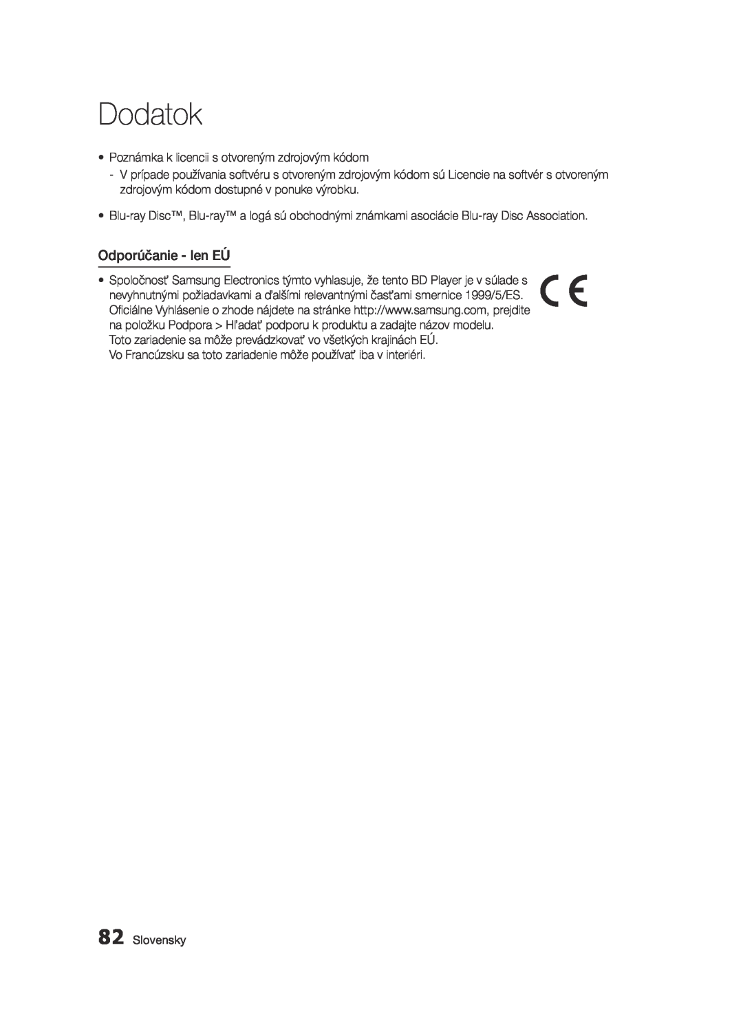Samsung BD-E6300/EN manual Odporúčanie - len EÚ, Dodatok 