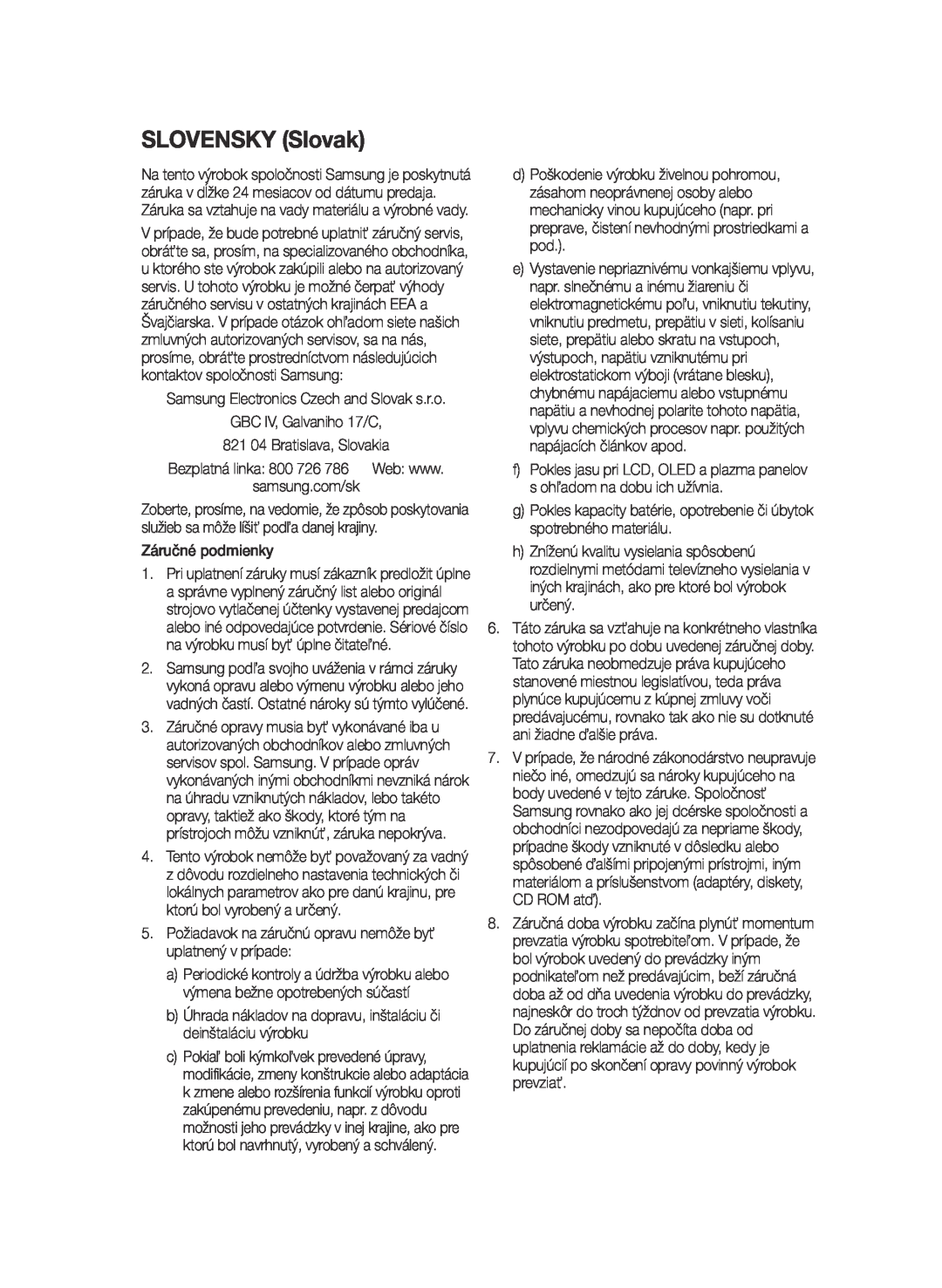 Samsung BD-E6300/EN manual SLOVENSKY Slovak, GBC IV, Galvaniho 17/C 821 04 Bratislava, Slovakia, Záručné podmienky 