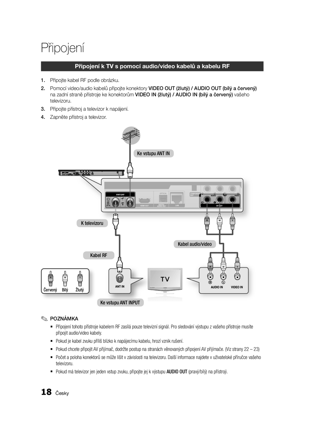 Samsung BD-E6300/EN manual Připojení k TV s pomocí audio/video kabelů a kabelu RF 