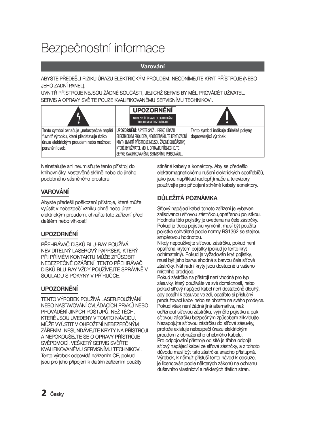Samsung BD-E6300/EN manual Bezpečnostní informace, Varování, Upozornění, Důležitá Poznámka 