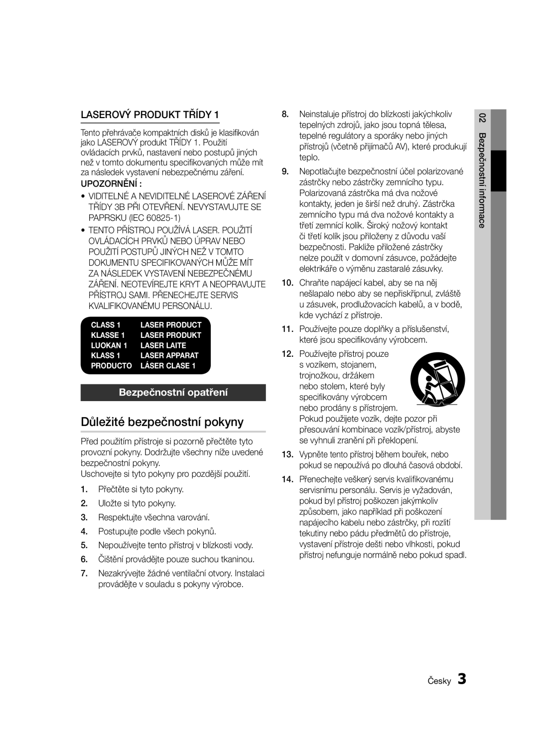 Samsung BD-E6300/EN Důležité bezpečnostní pokyny, Laserový Produkt Třídy, Bezpečnostní opatření, Bezpečnostní informace 