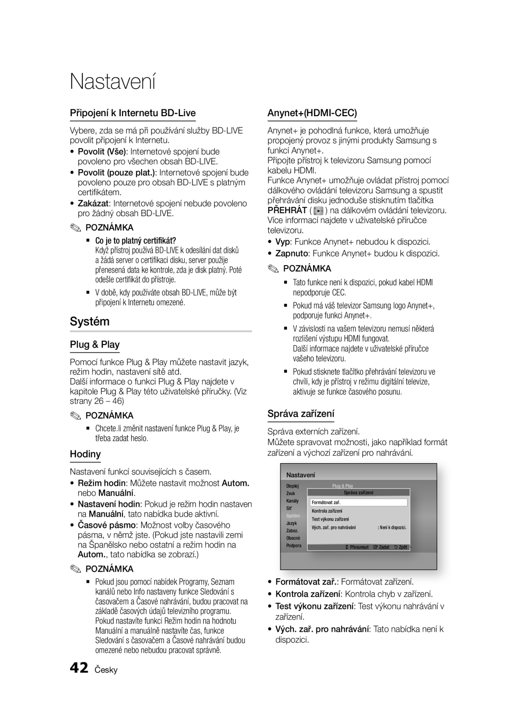 Samsung BD-E6300/EN manual Systém, Připojení k Internetu BD-Live, Plug & Play, Hodiny, Anynet+HDMI-CEC, Správa zařízení 