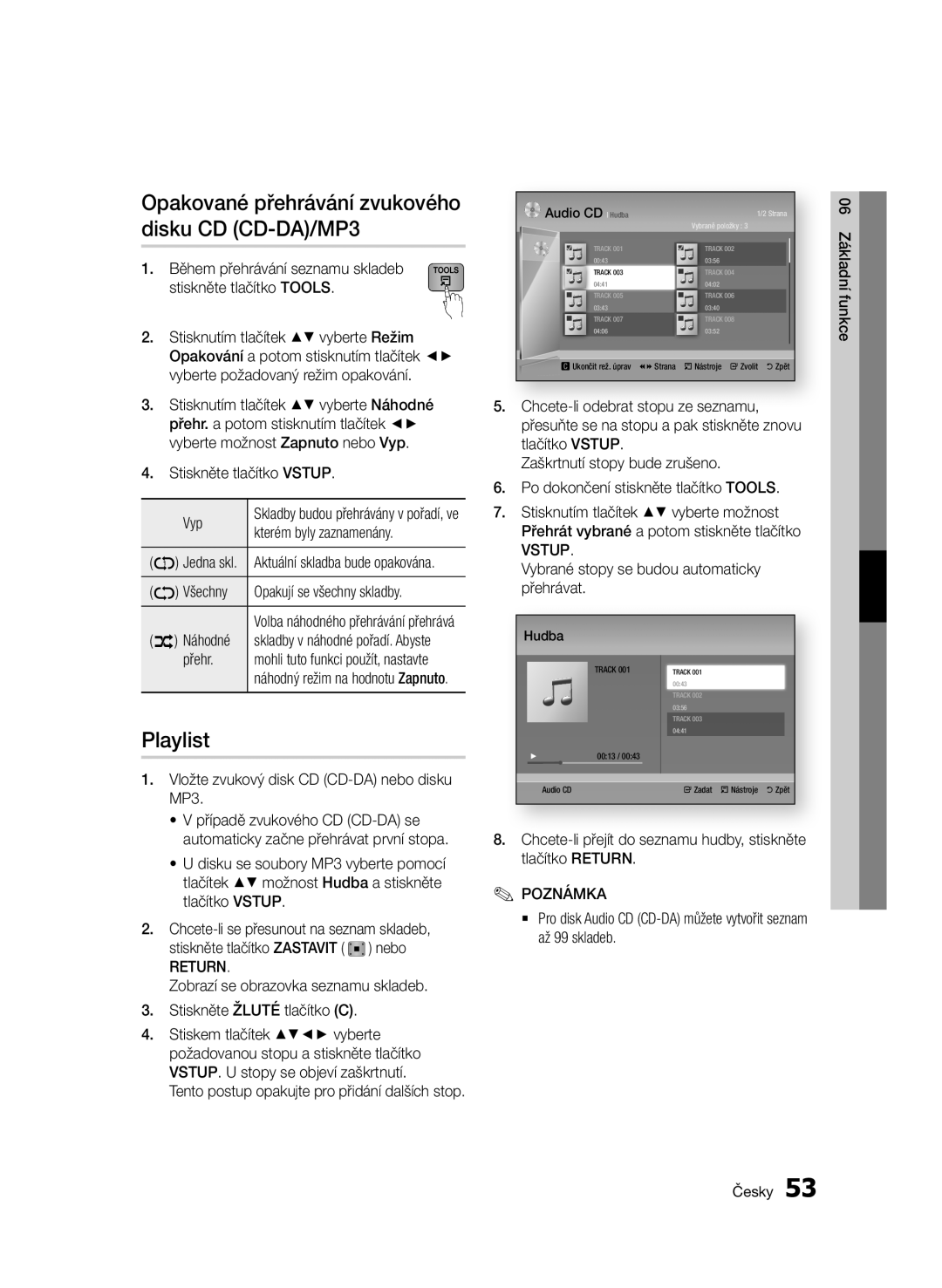 Samsung BD-E6300/EN manual Playlist, Opakované přehrávání zvukového disku CD CD-DA/MP3 