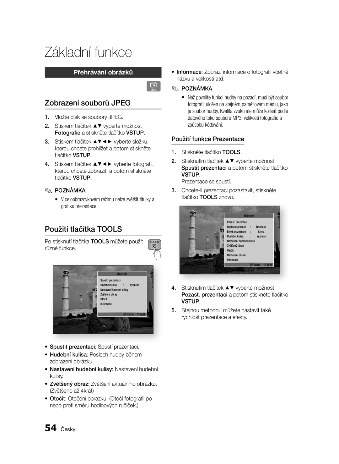 Samsung BD-E6300/EN manual Zobrazení souborů JPEG, Použití tlačítka TOOLS, Přehrávání obrázků, Použití funkce Prezentace 