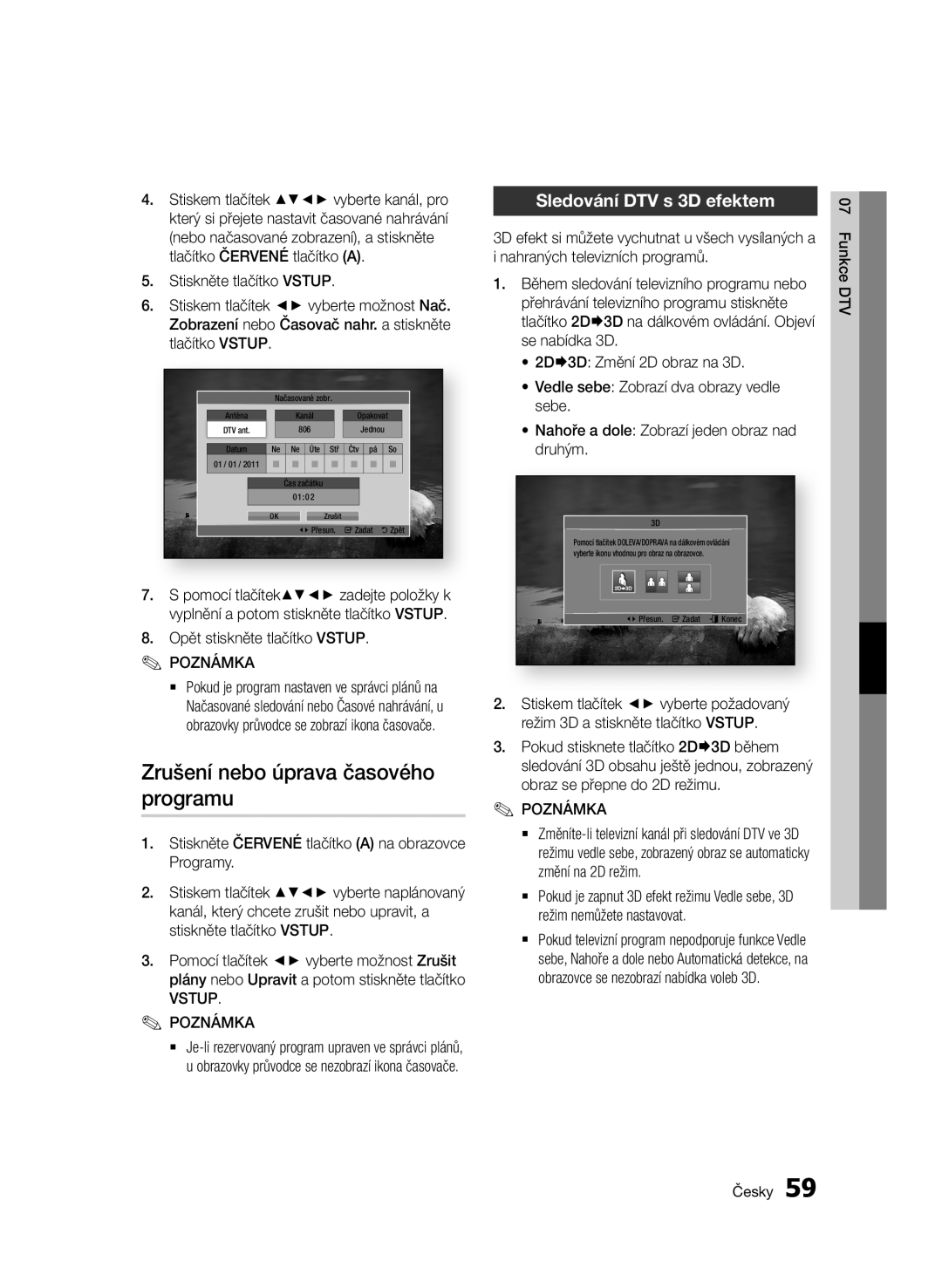 Samsung BD-E6300/EN manual Zrušení nebo úprava časového programu, Sledování DTV s 3D efektem 