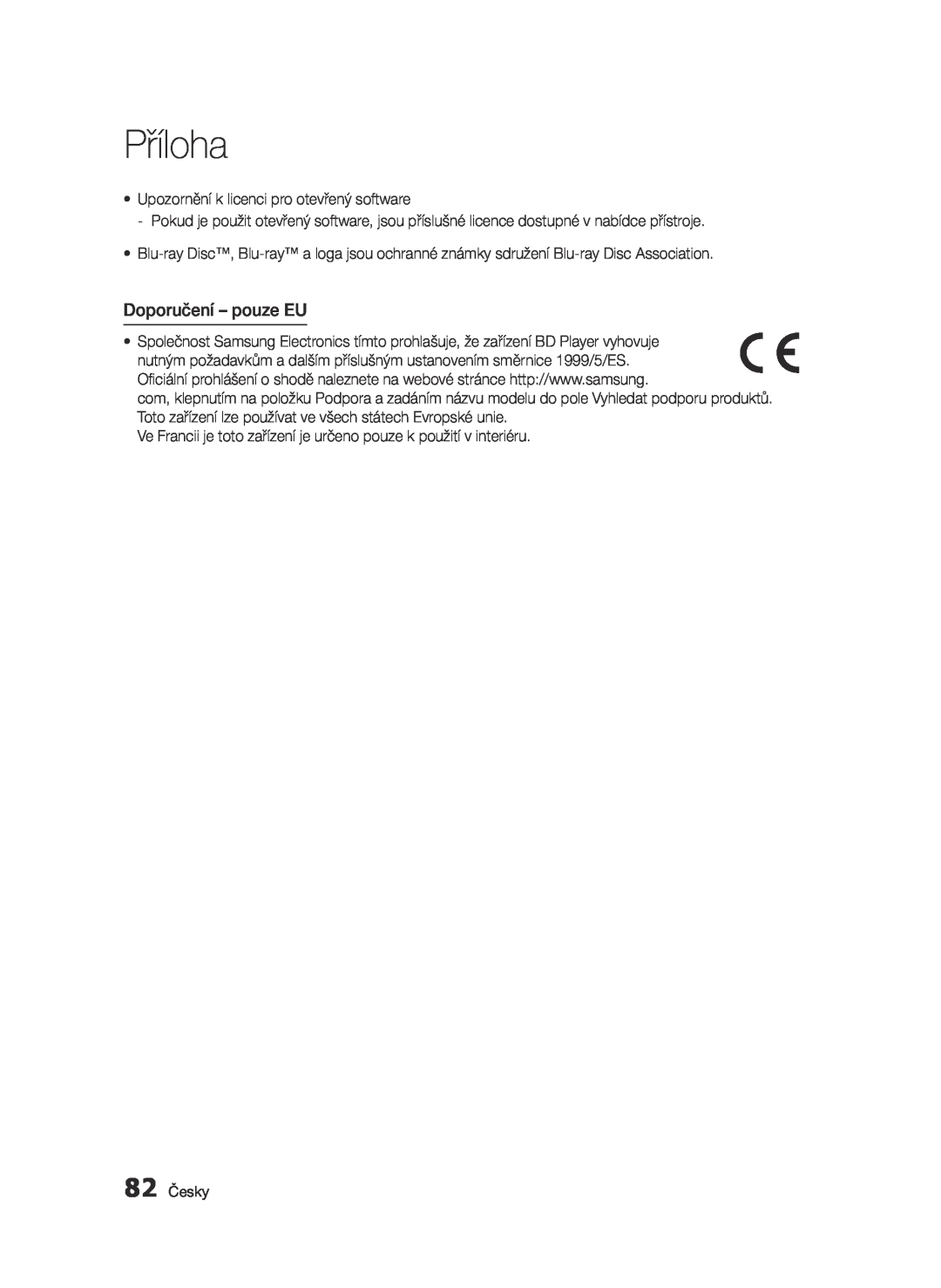 Samsung BD-E6300/EN manual Doporučení - pouze EU, Příloha 