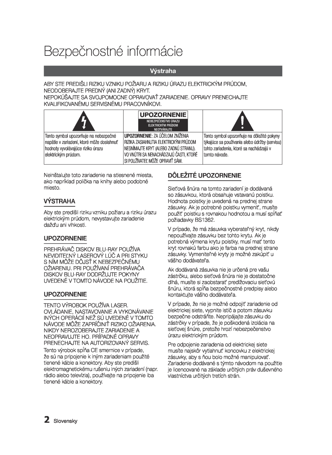 Samsung BD-E6300/EN manual Bezpečnostné informácie, Výstraha, Dôležité Upozornenie 