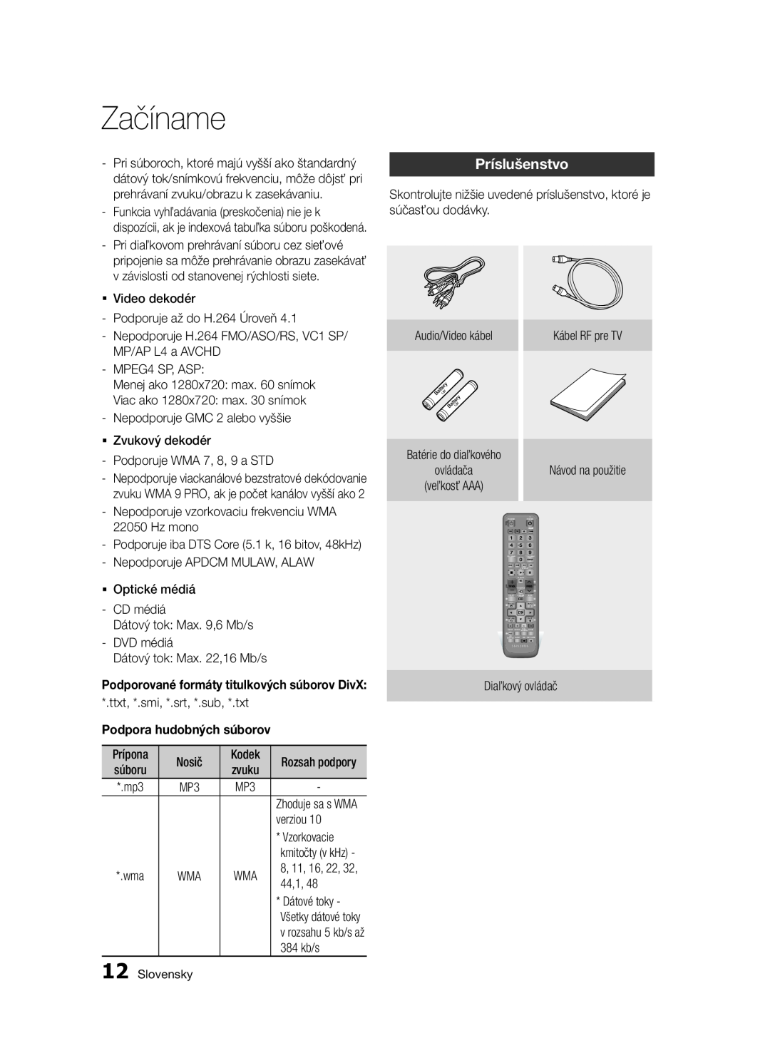Samsung BD-E6300/EN manual Príslušenstvo, Podporované formáty titulkových súborov DivX, Začíname 