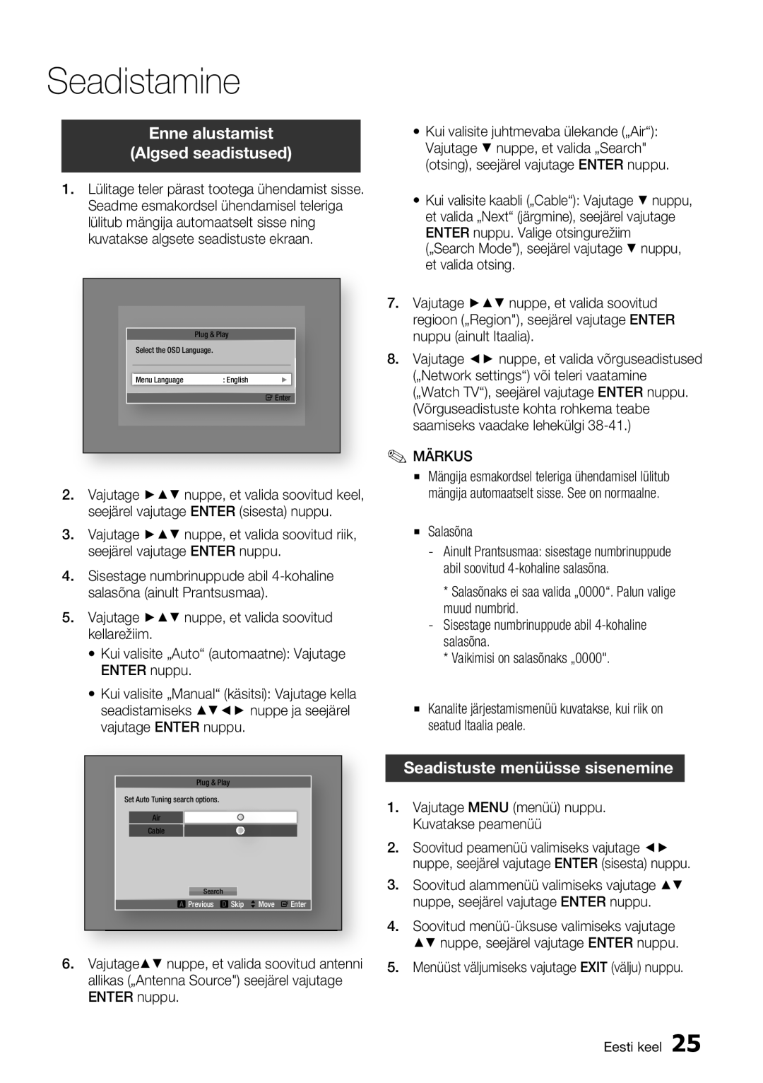 Samsung BD-E6300/EN manual Seadistamine, Enne alustamist Algsed seadistused, Seadistuste menüüsse sisenemine 