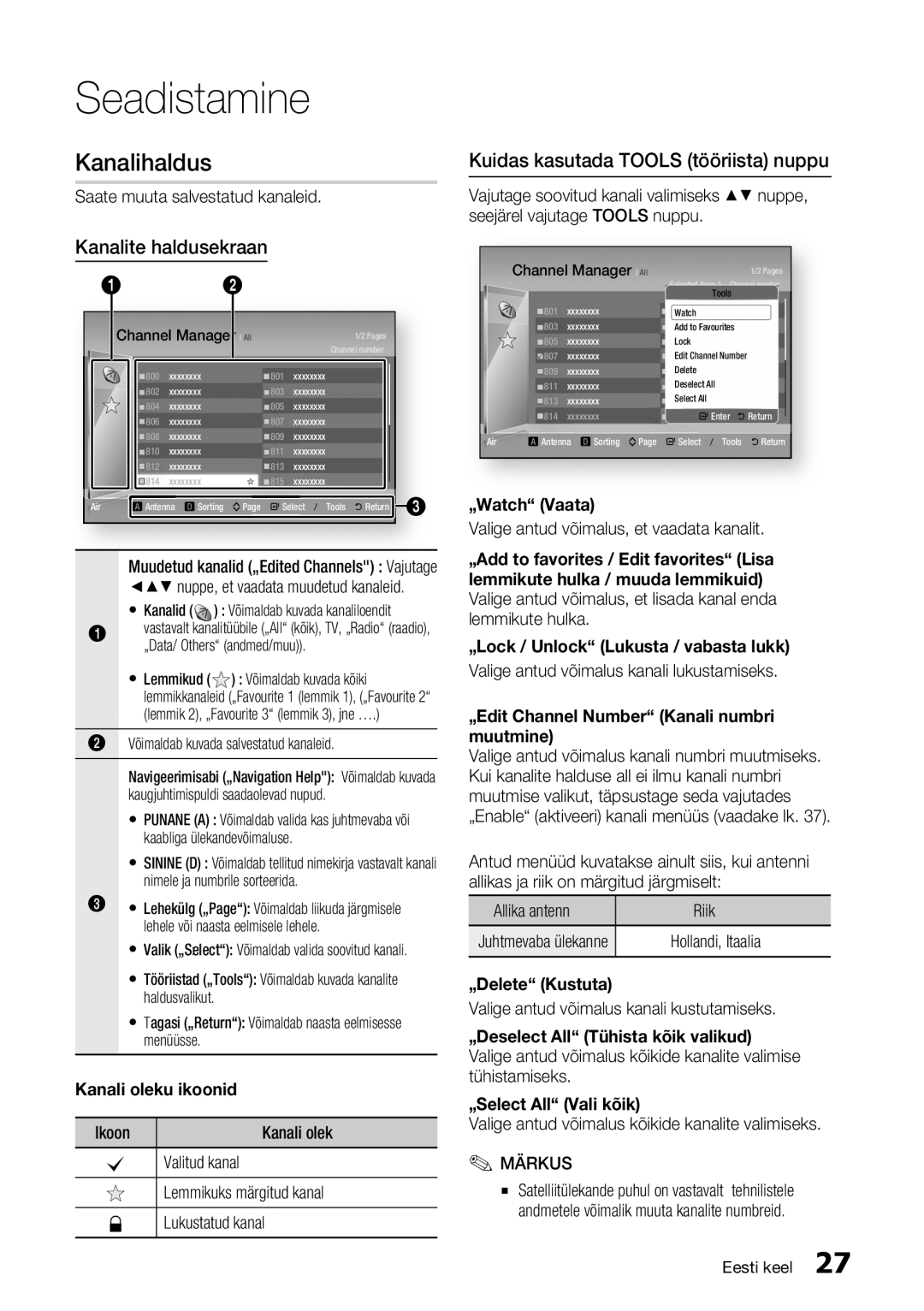 Samsung BD-E6300/EN manual Kanalihaldus, Kanalite haldusekraan, Kuidas kasutada TOOLS tööriista nuppu, Kanali oleku ikoonid 