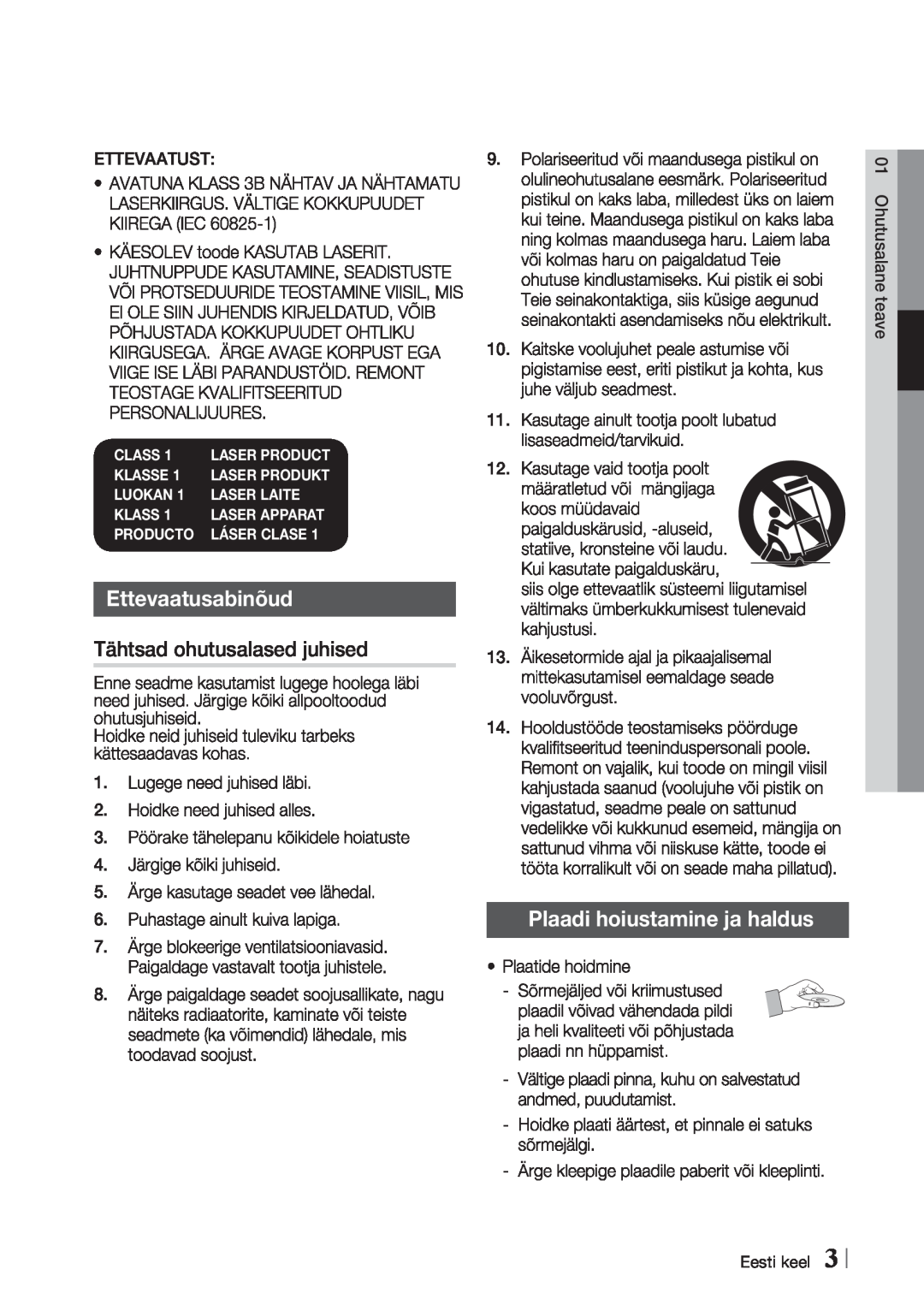 Samsung BD-E6300/EN manual Ettevaatusabinõud, Tähtsad ohutusalased juhised, Plaadi hoiustamine ja haldus, Eesti keel, Class 