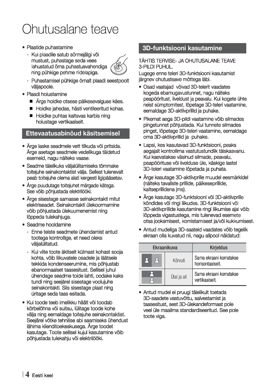 Samsung BD-E6300/EN manual Ettevaatusabinõud käsitsemisel, 3D-funktsiooni kasutamine, Ohutusalane teave, Eesti keel 