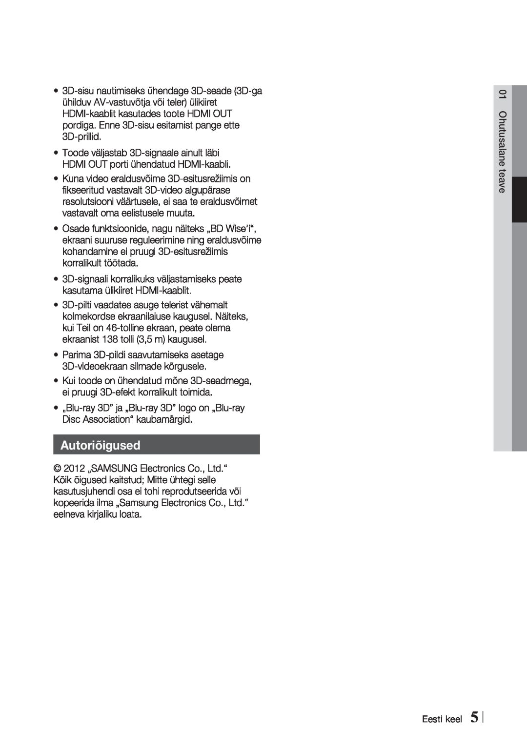Samsung BD-E6300/EN manual Autoriõigused, Ohutusalane teave, Eesti keel 