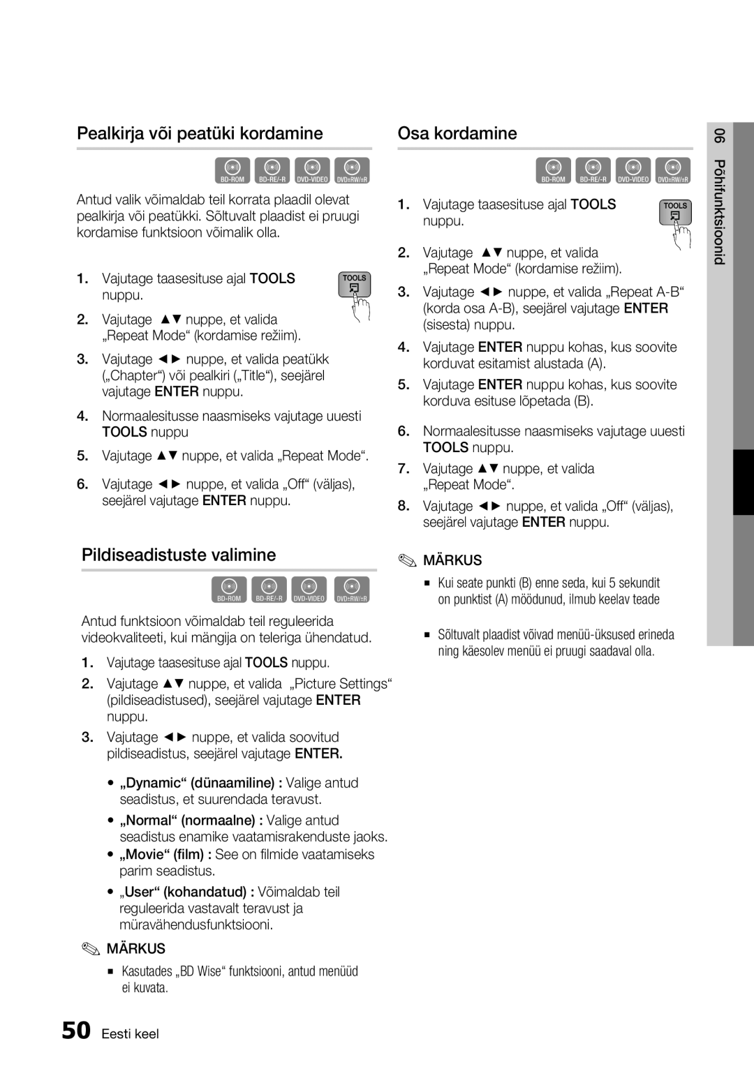 Samsung BD-E6300/EN manual hzZy, Pealkirja või peatüki kordamine, Osa kordamine, Pildiseadistuste valimine 