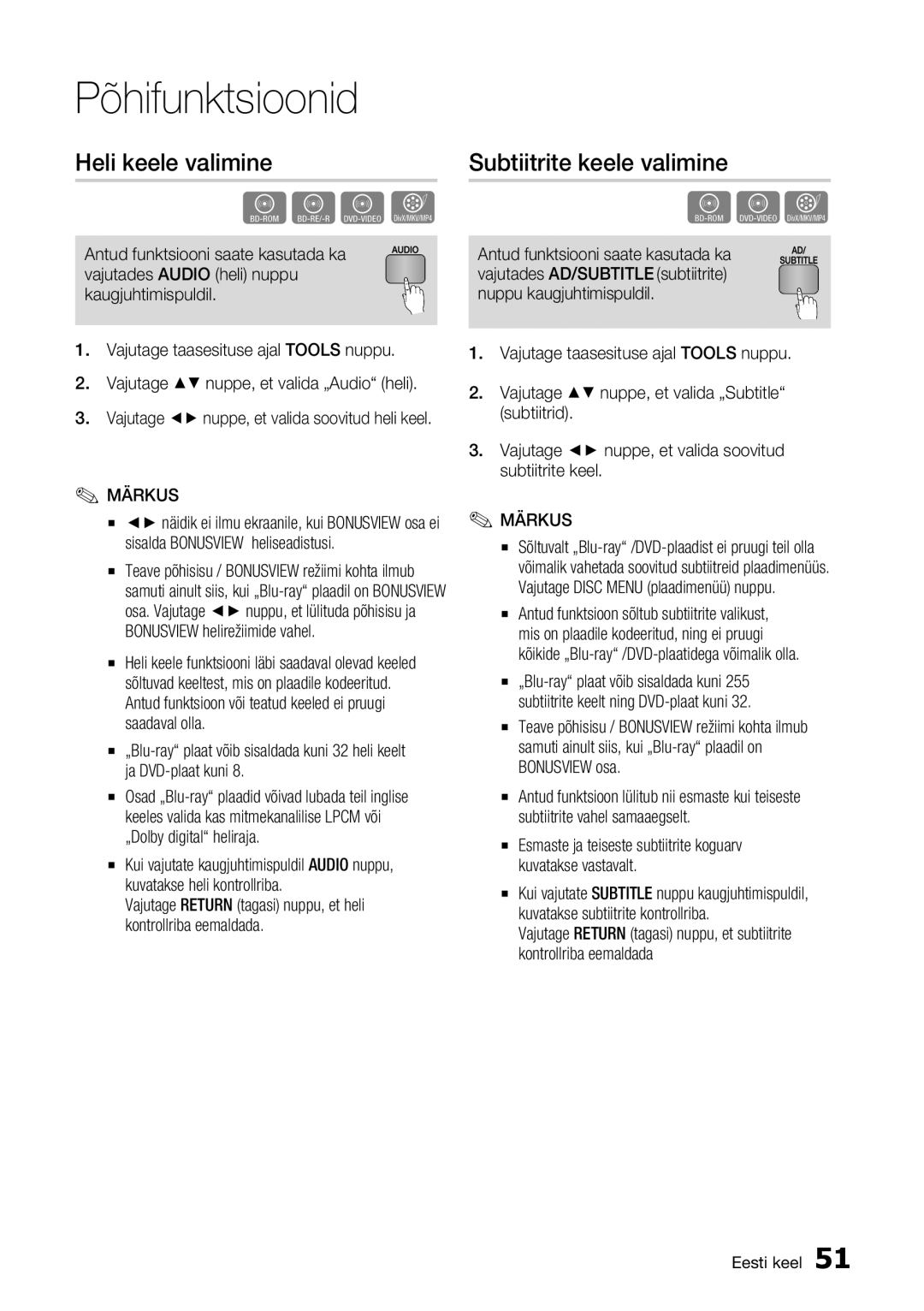 Samsung BD-E6300/EN manual Heli keele valimine, Subtiitrite keele valimine, Põhifunktsioonid 
