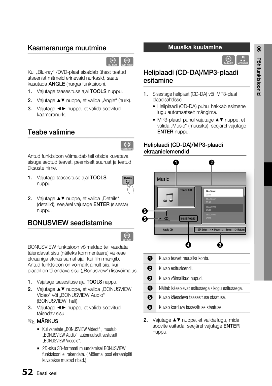 Samsung BD-E6300/EN manual Teabe valimine, BONUSVIEW seadistamine, Heliplaadi CD-DA/MP3-plaadi esitamine, Muusika kuulamine 
