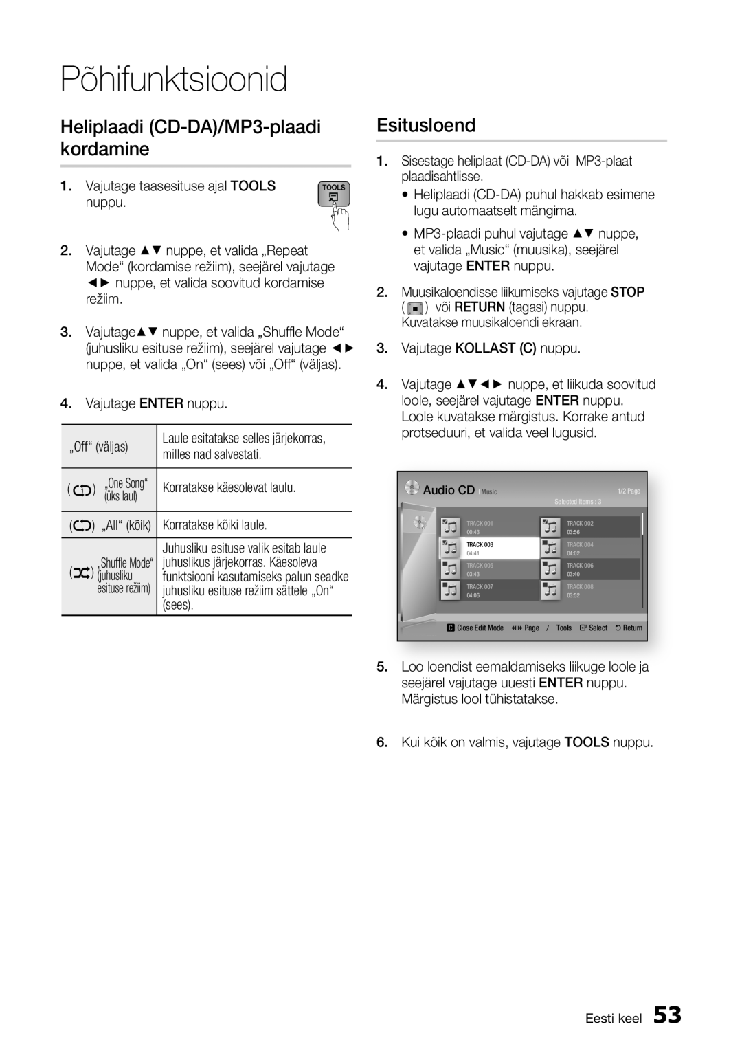 Samsung BD-E6300/EN manual Heliplaadi CD-DA/MP3-plaadi kordamine, Esitusloend, Põhifunktsioonid, üks laul 