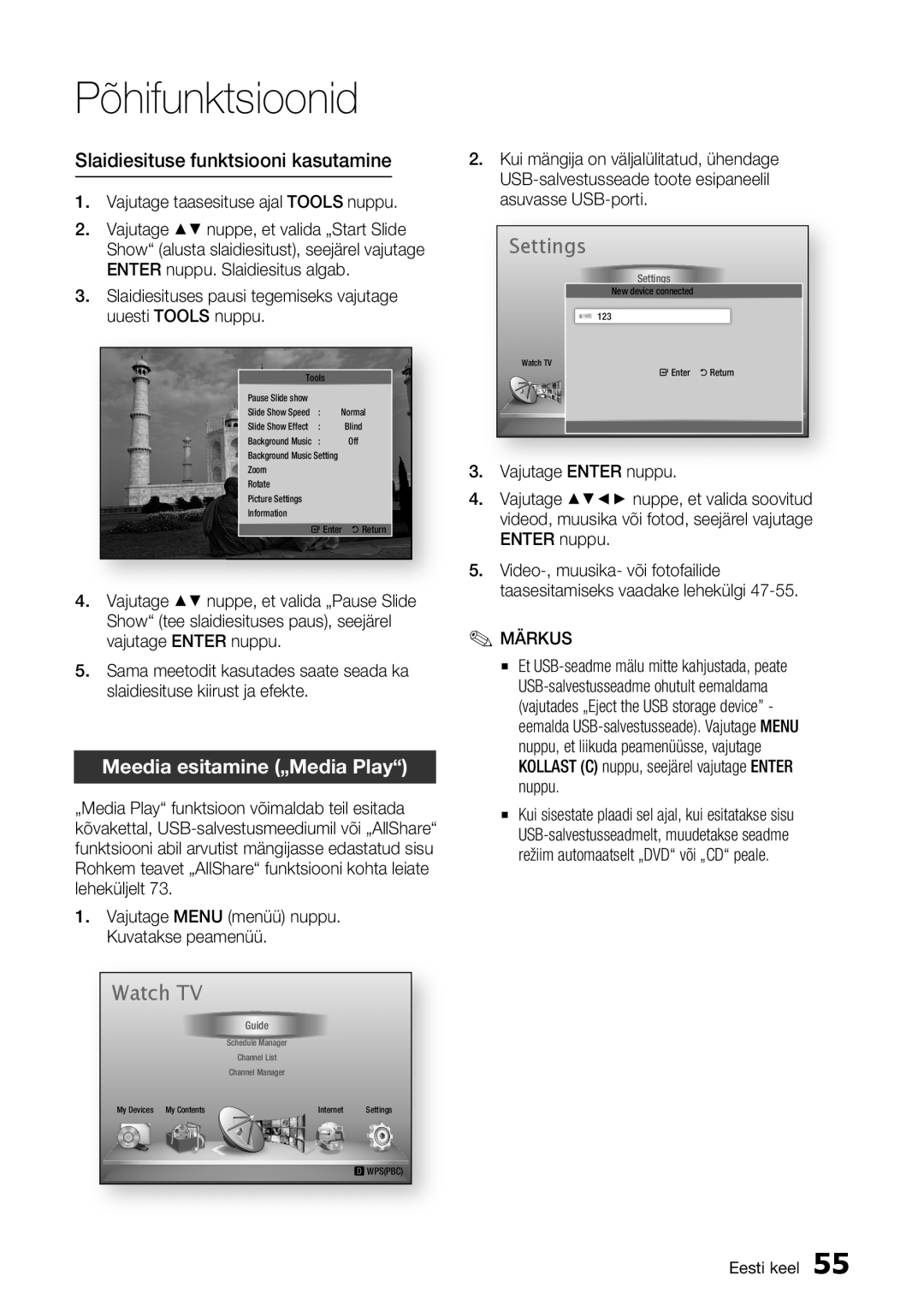 Samsung BD-E6300/EN manual Watch TV, Settings, Slaidiesituse funktsiooni kasutamine, Meedia esitamine „Media Play“ 