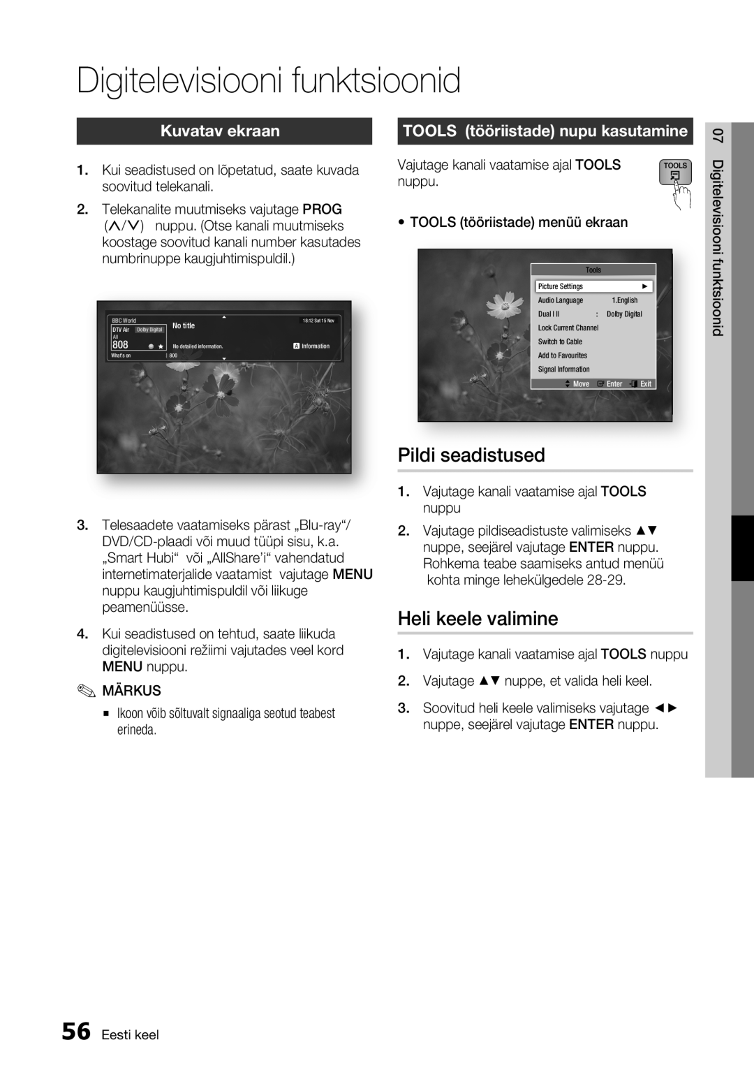 Samsung BD-E6300/EN manual Digitelevisiooni funktsioonid, Pildi seadistused, Kuvatav ekraan, Heli keele valimine 