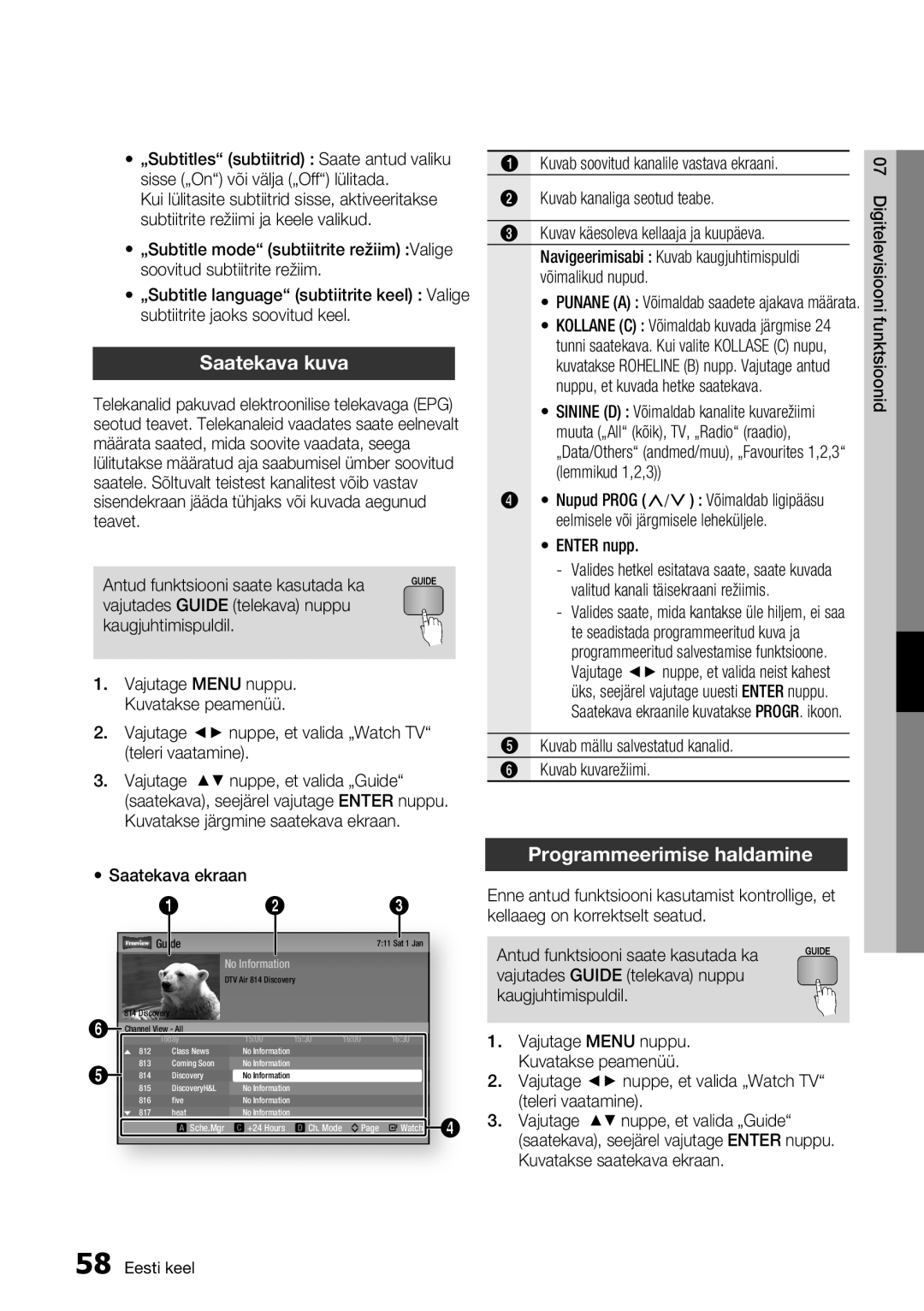 Samsung BD-E6300/EN manual Saatekava kuva, Programmeerimise haldamine, muuta „All“ kõik, TV, „Radio“ raadio, Eesti keel 