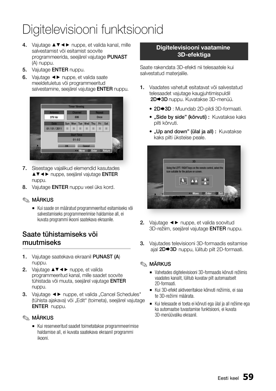Samsung BD-E6300/EN manual Saate tühistamiseks või, muutmiseks, Digitelevisiooni vaatamine 3D-efektiga 
