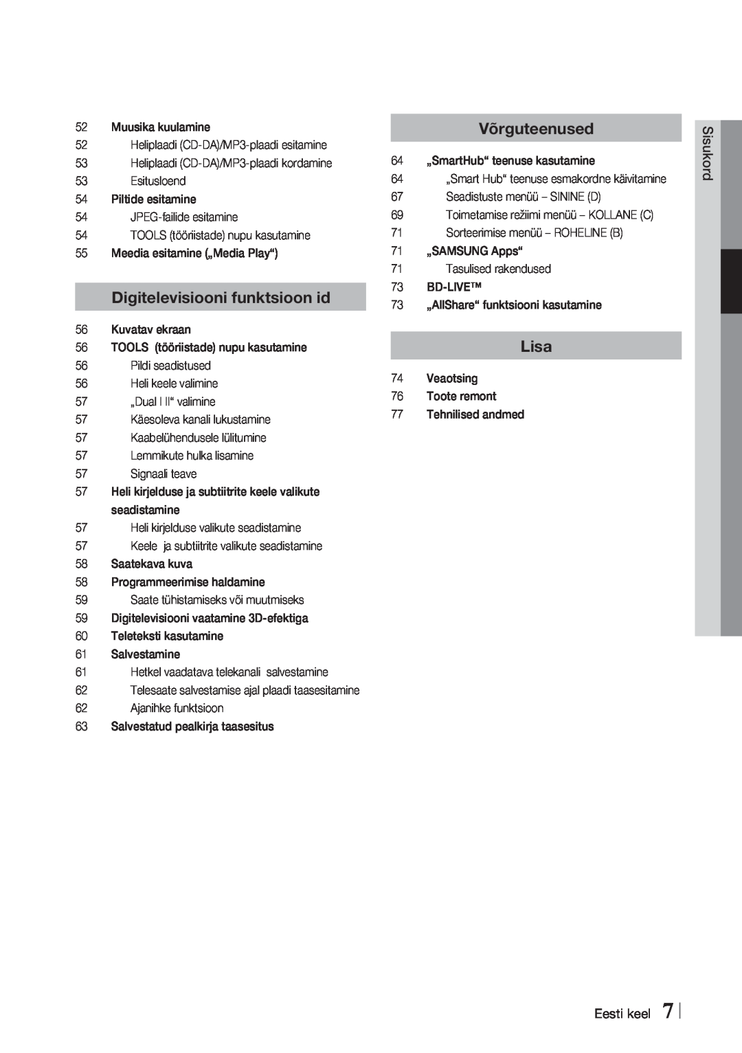 Samsung BD-E6300/EN manual Digitelevisiooni funktsioon id, Võrguteenused, Lisa, Sisukord, Eesti keel 