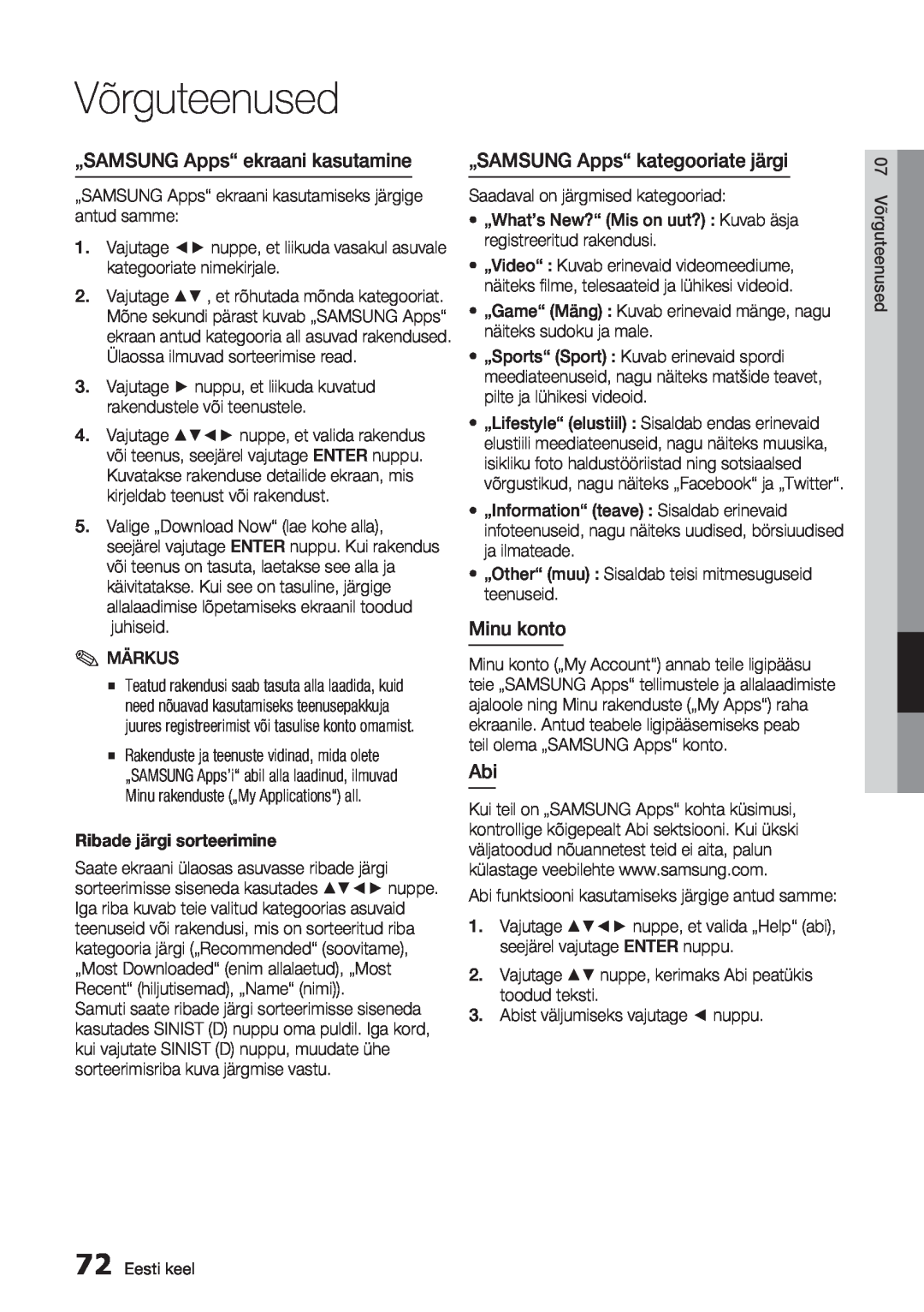 Samsung BD-E6300/EN manual „SAMSUNG Apps“ ekraani kasutamine, „SAMSUNG Apps“ kategooriate järgi, Minu konto, Võrguteenused 